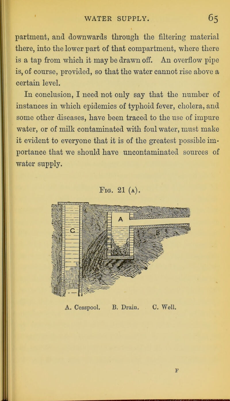 partment, and downwards through the filtering material there, into the lower part of that compartment, where there is a tap from which it may be drawn off. An overflow pipe is, of course, provided, so that the water cannot rise above a certain level. In conclusion, I need not only say that the number of instances in which epidemics of typhoid fever, cholera, and some other diseases, have been traced to the use of impure water, or of milk contaminated with foul water, must make it evident to everyone that it is of the greatest possible im- portance that we should have uncontaminated sources of water supply. Fig. 21 (a). A. Cesspool. B. Drain. C. Well.