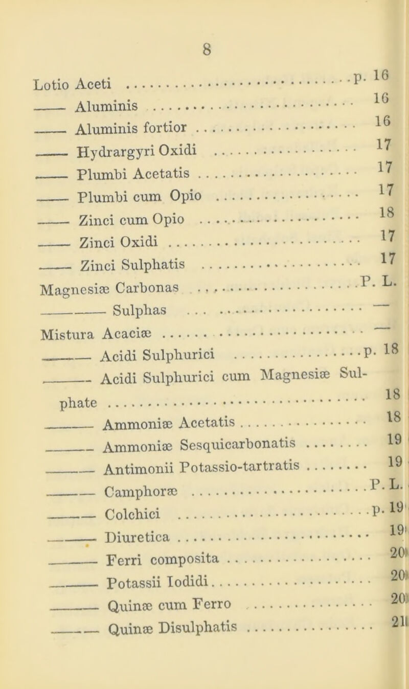 Lotio Aceti Aluminis Aluminis fortior Hydrarg}Ti Oxidi Plumbi Acetatis Plumbi cum Opio Zinci cum Opio ...... Zinci Oxidi —— Zinci Sulphatis Magnesiae Carbonas . . , Sulphas Mistura Acaciae Acidi Sulpburici Acidi Sulpburici cum Magnesiae pbate Ammoniae Acetatis Ammoniae Sesquicarbonatis Antimonii Potassio-tartratis ..., Campborae Colchici Diuretica — Ferri composita Potassii Iodidi Quinae cum Ferro Quinae Disulphatis p. 16 16 . 16 17 . 17 . 17 . 18 . 17 17 P. L. ...p. 18 Sul- .... 18 .... 18 .. . . 19 19 . ...P.L. ....p.19 19! .... 80» 20» 20» . . 2H