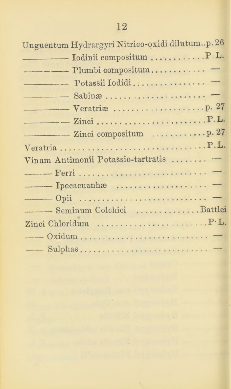 Unguentum Hydrargyri Nitrico-oxidi dilutum..p. 26 Iodinii compositum P L- Plumbi compositum — Potassii Iodidi — Sabinae — Veratriae P- 27 Zinci PL. Zinci compositum p. 27 Ver atria P.L. Vinum Antimonii Potassio-tartratis — Ferri Ipecacuanhse — Opii — Seminum Colchici Battlei Zinci Chloridum P'L. Oxidum Sulphas