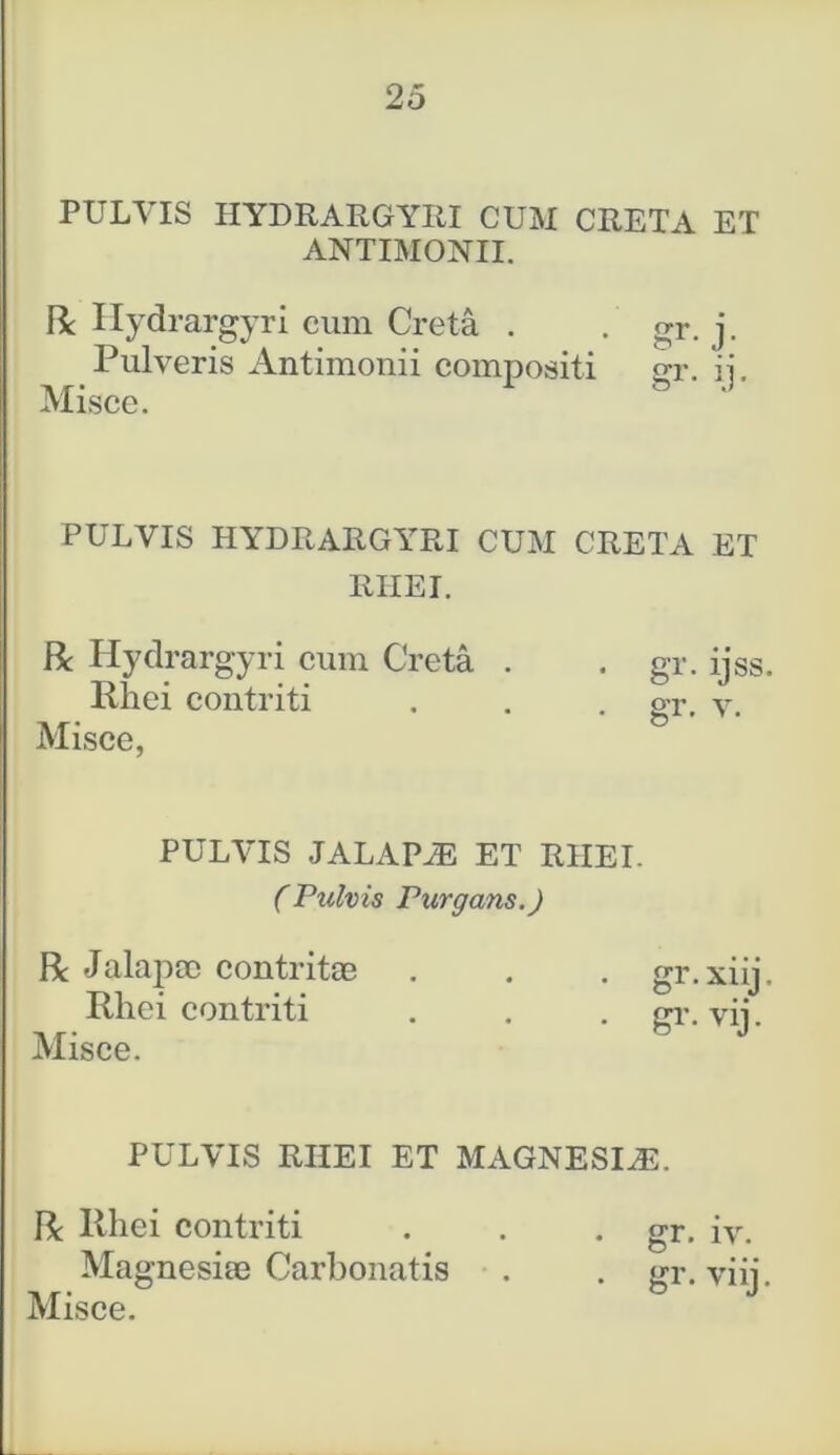 PULVIS HYDRARGYRI CUM CRETA ET ANTIMONII. R Hydrargyri cum Creta . Pulveris Antimonii compositi Misce. £r-.h PULVIS HYDRARGYRI CUM CRETA ET RIIEI. R Hydrargyri cum Creta Rhei contriti Misce, gr. ijss. gr. v. PULVIS JALAPA? ET RHEI. (Fulvis Purgans.) R Jalapao contritae . . . gr.xiij. Rhei contriti . . . gi’. vij. Misce. PULVIS RHEI ET MAGNESIA?. R Rhei contriti . . • gr- iv. Magnesiae Carbonatis . . gr. viij.