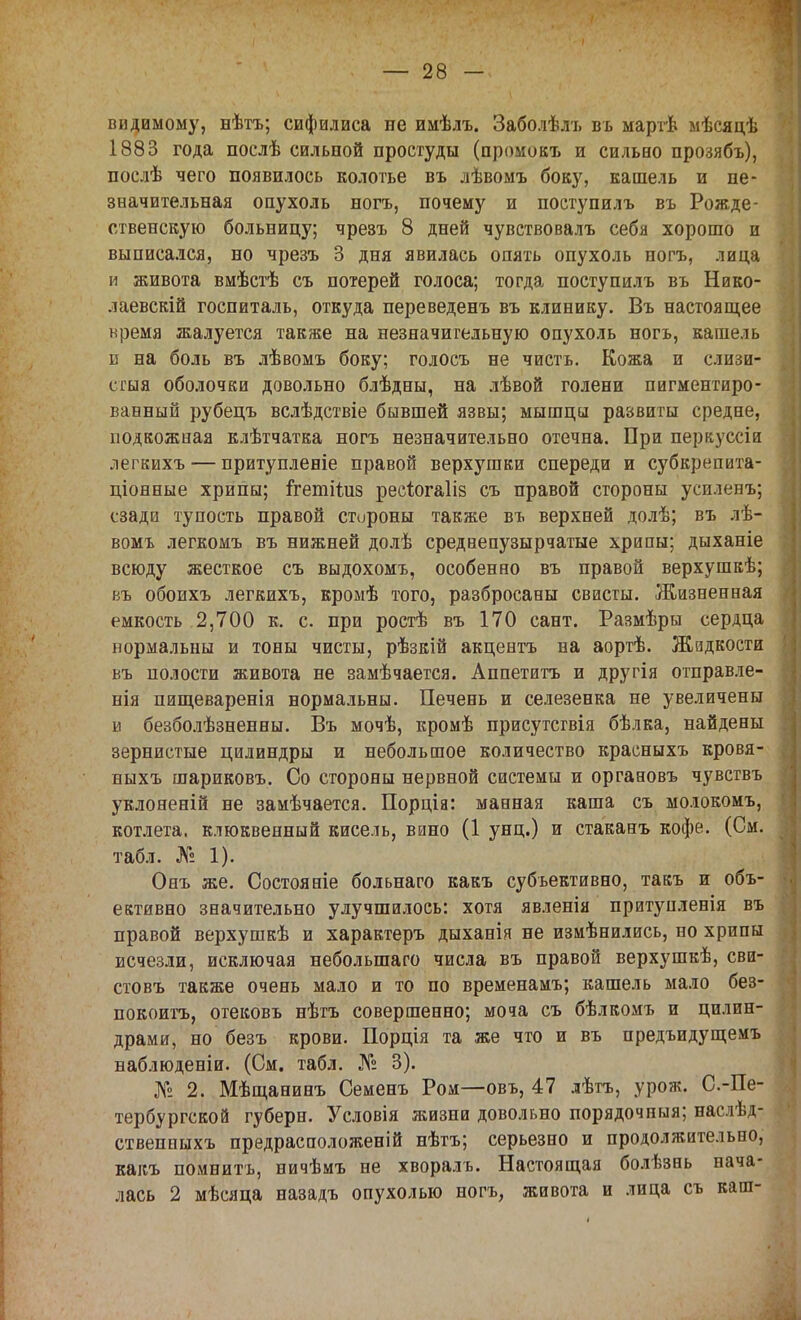 видимому, нѣтъ; сифилиса не имѣлъ. Заболѣлъ въ мартѣ мѣсяцѣ 1883 года послѣ сильной простуды (промокъ и сильно прозябъ), послѣ чего появилось колотье въ лѣвомъ боку, кашель и не- значительная опухоль ногъ, почему и поступилъ въ Рожде- ственскую больницу; чрезъ 8 дней чувствовалъ себя хорошо и выписался, но чрезъ 3 дня явилась опять опухоль ногъ, лица и живота вмѣстѣ съ потерей голоса; тогда поступилъ въ Нико- лаевскій госпиталь, откуда переведенъ въ клинику. Въ настоящее кремя жалуется также на незначительную опухоль ногъ, кашель п на боль въ лѣвомъ боку; голосъ не чисть. Кожа и слизи- сгыя оболочки довольно блѣдны, на лѣвой голени пигментиро- ванный рубецъ вслѣдствіе бывшей язвы; мышцы развиты средне, подкожная клѣтчатка ногъ незначительно отечна. При перкуссіи легкихъ — притупленіе правой верхушки спереди и субкрепита- ціонные хрипы; ігетііиз ресіогаііз съ правой стороны усилееъ; сзади тупость правой стороны также въ верхней долѣ; въ лѣ- вомъ легкомъ въ нижней долѣ среднепузырчатые хрипы; дыханіе всюду жесткое съ выдохомъ, особенно въ правой верхушкѣ; въ обоихъ легкихъ, кромѣ того, разбросаны свисты. Жизненная емкость 2,700 к. с. при ростѣ въ 170 сант. Размѣры сердца нормальны и тоны чисты, рѣзкій акцентъ на аортѣ. Жидкости въ полости живота не замѣчается. Аппетитъ и другія отправле- нія пищеваренія нормальны. Печень и селезенка не увеличены и безболѣзненны. Въ мочѣ, кромѣ присутсгвія бѣлка, найдены зернистые цилиндры и небольшое количество красныхъ кровя- ныхъ шариковъ. Со стороны нервной системы и органовъ чувствъ уклоненій не замѣчается. Порція: манная каша съ молокомъ, котлета, клюквенный кисель, вино (1 унц.) и стаканъ кофе. (См. табл. № 1). Онъ же. Состояніе больнаго какъ субъективно, такъ и объ- ективно значительно улучшилось: хотя явленія притупленія въ правой верхушкѣ и характеръ дыханія не измѣнились, но хрипы исчезли, исключая неболыпаго числа въ правой верхушкѣ, сви- стовъ также очень мало и то по временамъ; кашель мало без- покоитъ, отековъ нѣтъ совершенно; моча съ бѣлкомъ и цилин- драми, но безъ крови. Порція та же что и въ предъидущемъ наблюденіи. (См. табл. № 3). № 2. Мѣщанинъ Семенъ Ром—овъ, 47 лѣтъ, урож. С.-Пе- тербургской губерн. Условія жизни довольно порядочпыя; наслѣд- ствеппыхъ предрасположеній нѣтъ; серьезно и продолжительно, какъ помнить, ничѣмъ не хворалъ. Настоящая болѣзнь нача- лась 2 мѣсяца назадъ опухолью ногъ, живота и лица съ каш-