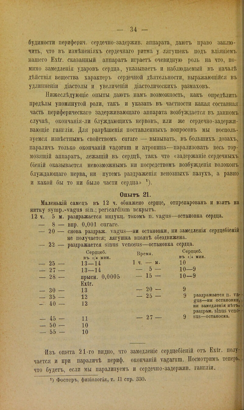 будимости периферич. сердечно-задержив. аппарата, даютъ право заклю- чить, что въ измѣненіяхъ сердечнаго ритма у лягушекъ подъ вліяиіемъ нашего Ехіг. сказанный аппаратъ играетъ очевидную роль на что, по- мимо замедленія ударовъ сердца, указываетъ и наблюдаемый въ началѣ дѣйствія вещества характеръ сердечной дѣятельности, выражающійся въ удлинненіи діастолы и увеличеніи діастолическихъ размаховъ. Нижеслѣдующіе опыты даютъ намъ возмояшость, какъ опредѣлить нредѣлы упомянутой роли, такъ и указать въ частности какая составная часть периферическаго задерживающаго аппарата возбуждается въ данномъ случаѣ, окончанія-ли блуждающихъ нервовъ, или же сердечно-задержи- вающіе гангліи. Для разрѣшенія поставленныхъ вопросовъ мы восполь- зуемся извѣстнымъ свойствомъ сигаге — вызывать, въ большихъ дозахъ, параличъ только окончаній ѵа§огит и атропина—парализовать весь тор- мозящій аппаратъ, лежащій въ сердцѣ, такъ что «задержание сердечныхъ біеній оказывается невозможнымъ ни посредствомъ возбужденія волоконъ блуждающаго нерва, ни путемъ раздраженія венозныхъ пазухъ, а равно и какой бы то ни было части сердца» ^). Опытъ 21. Маленькій самецъ въ 12 ч. обнажено сердце, отпрепарованъ и взять на нитку зутр.-ѵа^из зіп.; регісаг(ііит всврытъ. 12 ч. 5 м. раздражается индукц. токомъ п. ѵа^из—остановка сердца. — 8 вир. 0,001 сигаге. ни замедленія сердцебіеній — 20 снова раздраж. ѵа^из— ■ни остановки, не получается; лягушка вполнѣ обездвижена. — 22 раздражается зіпиз ѵепозиз—остановка сердца. Сердцеб. Время. Сердцеб. въ іі* мин. въ і/« пин. — 25 13—14 1 ч. — м. 10 — 27 13—14 — 5 — 10—9 — 28 прысн. 0,0005 Еііг. — 15 — 10—9 — 30 13 — 20 - 9 — 35 12 — 25 — 9 раздражается п. ѵа- - 40 12 §118—ни остановки, ни замедленія нѣтъ. раздраж. зіпиз ѵеио- — 45 И — 27 — 9 8и8—останоска. — 50 10 — 55 10 Изъ опыта 21-го видно, что замедленіе сердцебіеній отъ Ехіг. полу- чается и при параличѣ периф. окончаній ѵа§агііт. Посмотримъ теперь, что будетъ, если мы парализуемъ и сердечно-задержив. гангліи. 1) Фостеръ, физіологія, т. И стр. 330.