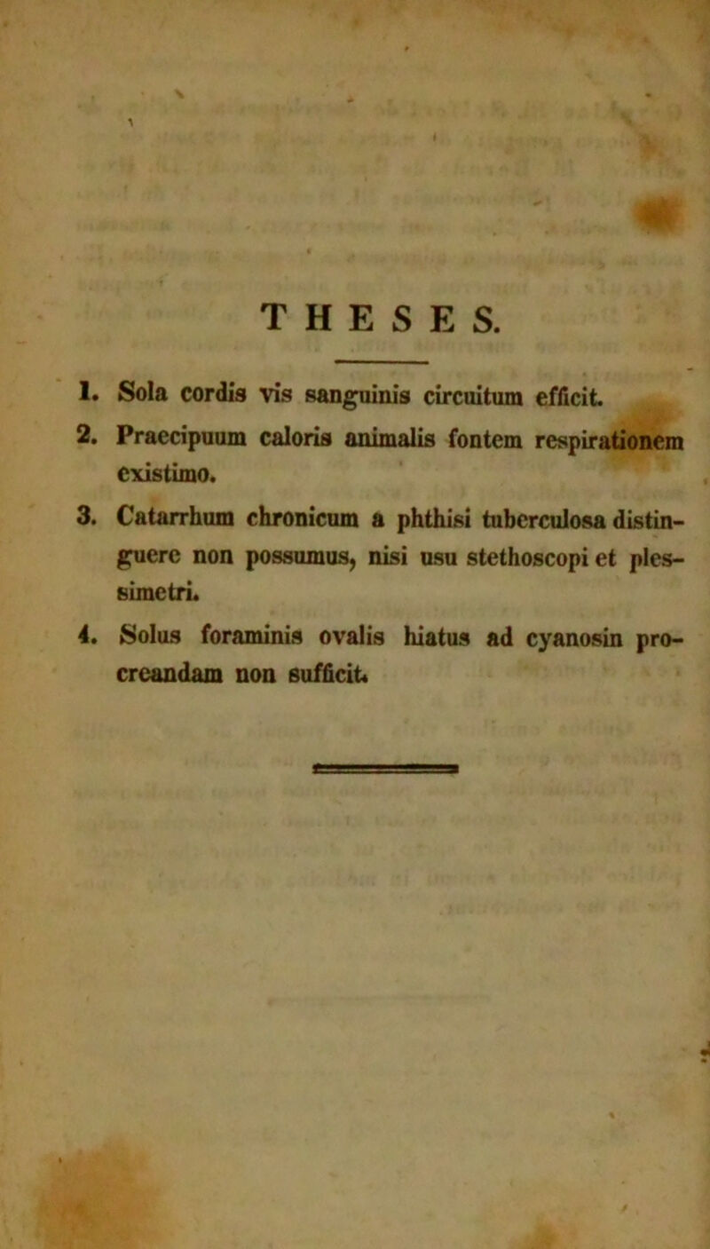 THESES. 1. Sola cordis vis sanguinis circuitum efficit. 2. Praecipuum caloris animalis fontem respirationem existimo. 3. Catarrhum chronicum a phthisi tuberculosa distin- guere non possumus, nisi usu stethoscopi et ples- simetri. 4. Solus foraminis ovalis hiatus ad cyanosin pro- creandam non sufficit*