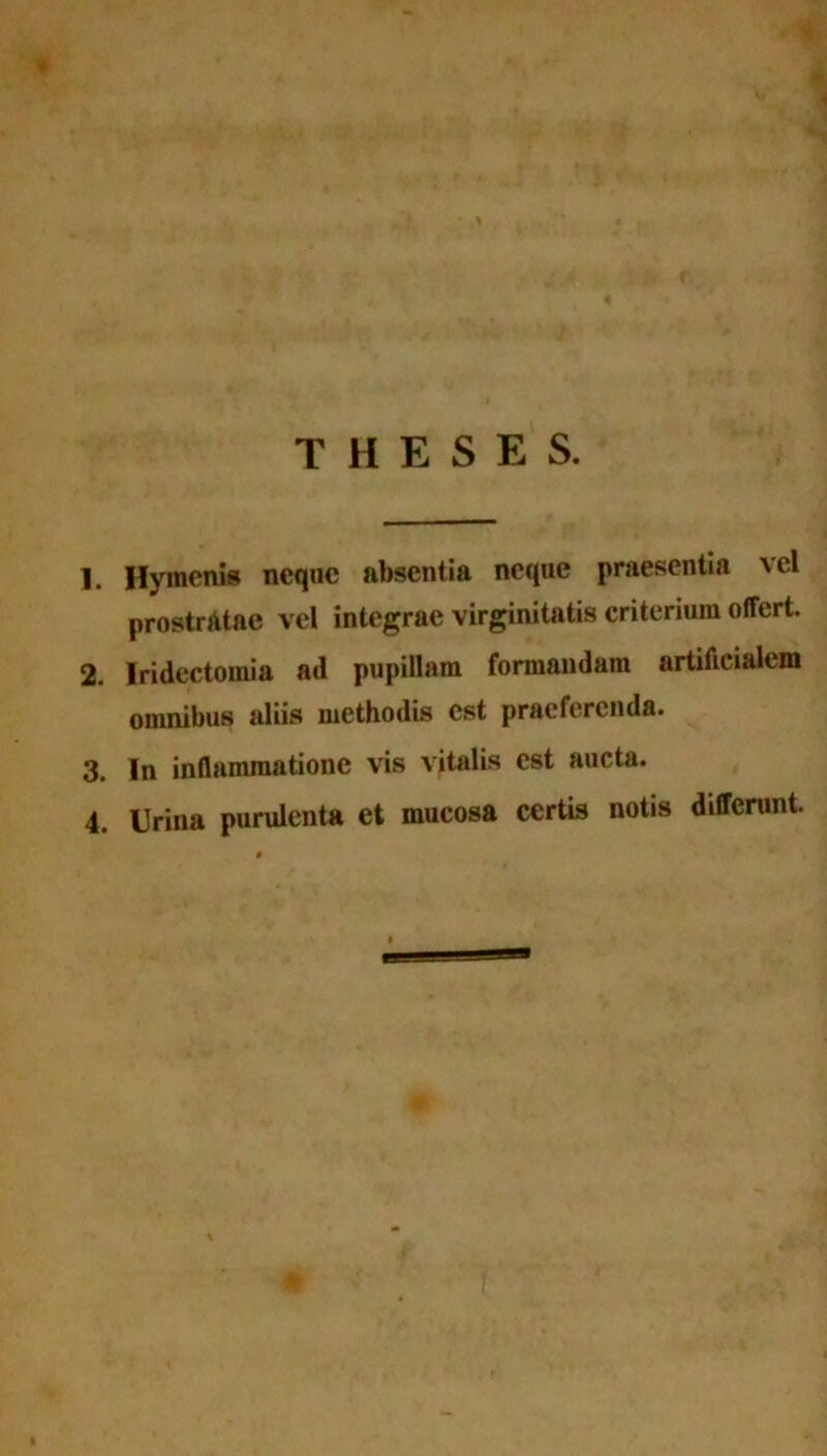 *• THESES. 1. Hymenis neque absentia neque praesentia vel prostratae vel integrae virginitatis criterium offert. 2. Iridectomia ad pupillam formandam artificialem omnibus aliis methodis est praeferenda. 3. In inflammatione vis vitalis est aucta.