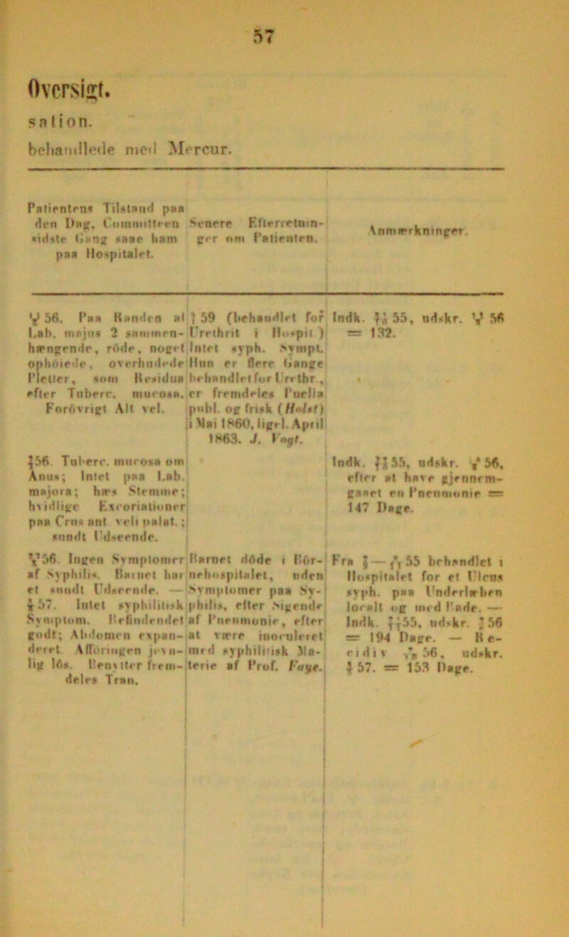 ?>7 Oversigt. salion. beliamlletle motl Mercur. Patienten« Tilstand paa den Dag, Committeen *<enere Elterretmn- «id«te (>ans »aae ham er nm Patienten, paa Hospitalet. \nmierhningei. Randen »I ' 59 (behandlet Tor Indk. }'* 55, udskr. V 56 = 192. V 56. Paa Lab. majns 2 »ammen- IVelhrit i llo«pit ) hirngendr, rOde. noget Intet »yph. Mmpl. OphOteile, øverhudedejllnn er flere Lange Pletter, »om Ke*idu» behandlet for Lretbr., efter Tuber«*. nuieo«a. er fremdele* Pttrlia Fornvngt Alt vel. ipnbl. Of friak (Hmist) i Mai IS60, ligel. April IH63. J. r*j/. J56 Tabere. murosa om Anus; Intet paa Lab. major«; hr» Stemme; hudlige Exioriaimner pa« Crtn ant veli palat.; sundt Udseende. V56 Ingen Symptomer af Sypliili«. Bainet lun et »ondt Udseende. — i 57. Intet »yphilitisk Symptom. Befindendet godt; Ahdomrn expan- deret Vflonngen jr\n- lig lfl*. lien« tter frem deles Tran. Indk. $J55, nd»kr. f* 56. efter at have gjrnnrm- gaart en Pnenmonie asr 147 Dage. Hamel dftdr i Hor- nehnspitalel, tiden Symptomer paa Sy- j t>bilis, eller >igende af l’nenmonie, efter at vtrre inoruleiet nu d »yphilitisk Ma- Fra j — {‘t55 behandlet t Hospitalet for et Ulm« syph. paa Underlæben loealt og med l’ade. — Indk. ?}55. nd*kr. J 56 *=• 194 Dage. — H e- ridiv ,*„56, nd»kr.