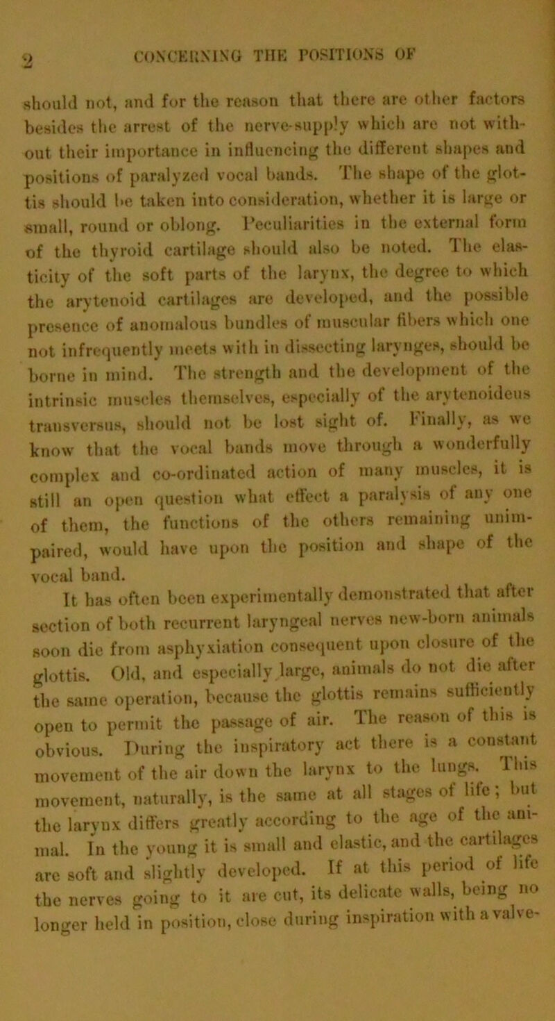 should not, and for the reason that there are other factors besides the arrest of the nerve-sup ply which are not with- out their importance in influencing the different shapes and positions of paralyzed vocal bands. The shape ot the glot- tis should be taken into consideration, whether it is large or small, round or oblong. Peculiarities in the external form of the thyroid cartilage should also be noted. rl he elas- ticity of the soft parts of the larynx, the degree to which the arytenoid cartilages are developed, and the possible presence of anomalous bundles of muscular fibers which one not infrequently meets with in dissecting larynges, should be borne in mind. The strength and the development of the intrinsic muscles themselves, especially of the arytenoideus transversus, should not be lost sight of. finally, as we know' that the vocal bands move through a wonderfully complex and co-ordinated action of many muscles, it is still an open question what effect a paralysis of any one of them, the functions of the others remaining unim- paired, would have upon the position and shape of the vocal band. It has often been experimentally demonstrated that after section of both recurrent laryngeal nerves new-born animals soon die from asphyxiation consequent upon closure of the glottis. Old, and especially large, animals do not die after the same operation, because the glottis remains sufficiently open to permit the passage of air. The reason of this is obvious. During the inspiratory act there is a constant movement of the air down the larynx to the lungs. Ihis movement, naturally, is the same at all stages ot life; hut the larynx differs greatly according to the age of the ani- mal In the young it is small and elastic, and the cartilages are soft and slightly developed. If at this period of life the nerves going to it are cut, its delicate walls, being no longer held in position, close during inspiration with a valve-