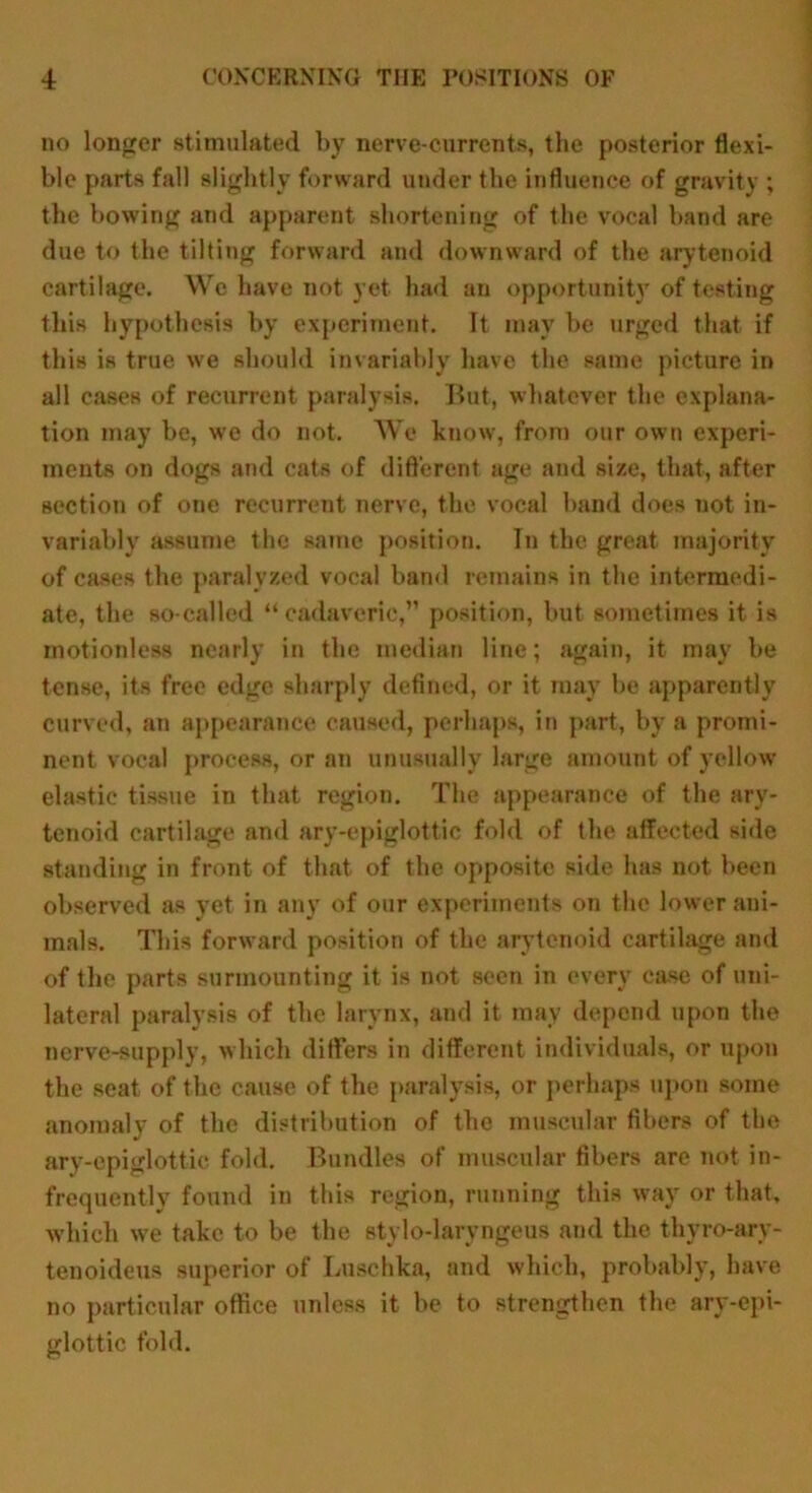 no longer stimulated by nerve-currents, the posterior flexi- ble parts fall slightly forward under the influence of gravity ; the bowing and apparent shortening of the vocal band are due to the tilting forward and downward of the arytenoid cartilage. Wo have not yet had an opportunity of testing this hypothesis by experiment. It may be urged that if this is true we should invariably have the same picture in all cases of recurrent paralysis. But, whatever the explana- tion may be, we do not. We know, from our own experi- ments on dogs and cats of different, age and size, that, after section of one recurrent nerve, the vocal band does not in- variably assume the same position. In the great majority of cases the paralyzed vocal band remains in the intermedi- ate, the so-called “cadaveric,” position, but sometimes it is motionless nearly in the median line; again, it may be tense, its free edge sharply defined, or it may be apparently curved, an appearance caused, perhaps, in part, by a promi- nent vocal process, or an unusually large amount of yellow elastic tissue in that region. The appearance of the ary- tenoid cartilage and ary-epiglottic fold of the affected side standing in front of that of the opposite side has not been observed as yet in any of our experiments on the lower ani- mals. This forward position of the arytenoid cartilage and of the parts surmounting it is not seen in every case of uni- lateral paralysis of the larynx, and it may depend upon the nerve-supply, which differs in different individuals, or upon the seat of the cause of the paralysis, or perhaps upon some anomaly of the distribution of the muscular fibers of the ary-epiglottic fold. Bundles of muscular fibers are not in- frequently found in this region, running this way or that, which we take to be the stylo-laryngeus and the thyro-ary- tenoideus superior of Luschka, and which, probably, have no particular office unless it be to strengthen the ary-epi- glottic fold.