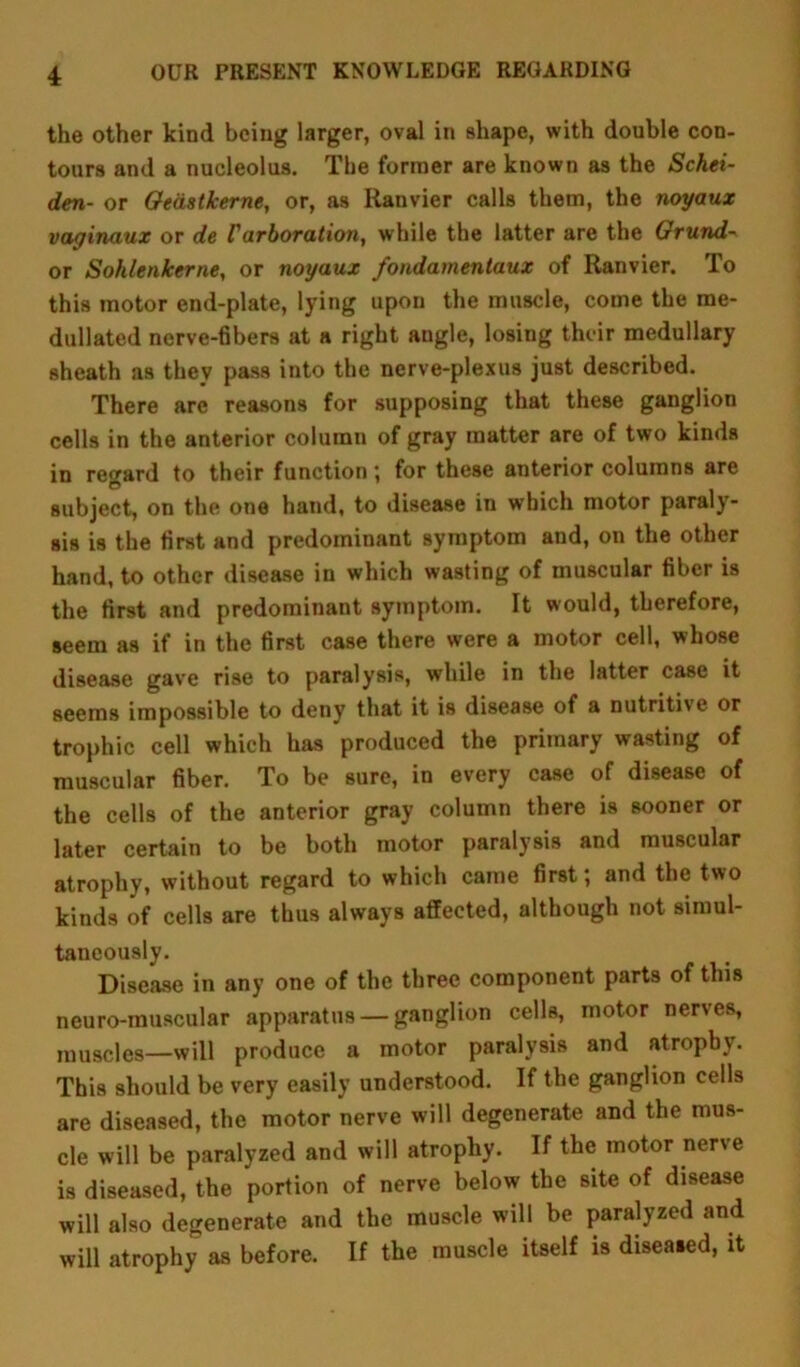 the other kind being larger, oval in shape, with double con- tours and a nucleolus. The former are known as the Schei- den- or Qeastkerne, or, as Ranvier calls them, the noyaux vaginaux or de Farboration, while the latter are the Grund'*» or Sohlenkerne, or noyaux fondamentaux of Ranvier. To this motor end-plate, lying upon the muscle, come the me- dullated nerve-fibers at a right angle, losing their medullary sheath as they pass into the nerve-plexus just described. There are reasons for supposing that these ganglion cells in the anterior column of gray matter are of two kinds in regard to their function; for these anterior columns are subject, on the one hand, to disease in which motor paraly- sis is the first and predominant symptom and, on the other hand, to other disease in which wasting of muscular fiber is the first and predominant symptom. It would, therefore, seem as if in the first case there were a motor cell, whose disease gave rise to paralysis, while in the latter case it seems impossible to deny that it is disease of a nutritive or trophic cell which has produced the primary wasting of muscular fiber. To be sure, in every case of disease of the cells of the anterior gray column there is sooner or later certain to be both motor paralysis and muscular atrophy, without regard to which came first; and the two kinds of cells are thus always affected, although not simul- taneously. Disease in any one of the three component parts of this neuro-muscular apparatus — ganglion cells, motor nerves, muscles—will produce a motor paralysis and atrophy. This should be very easily understood. If the ganglion cells are diseased, the motor nerve will degenerate and the mus- cle will be paralyzed and will atrophy. If the motor nerve is diseased, the portion of nerve below the site of disease will also degenerate and the muscle will be paralyzed and will atrophy as before. If the muscle itself is diseased, it