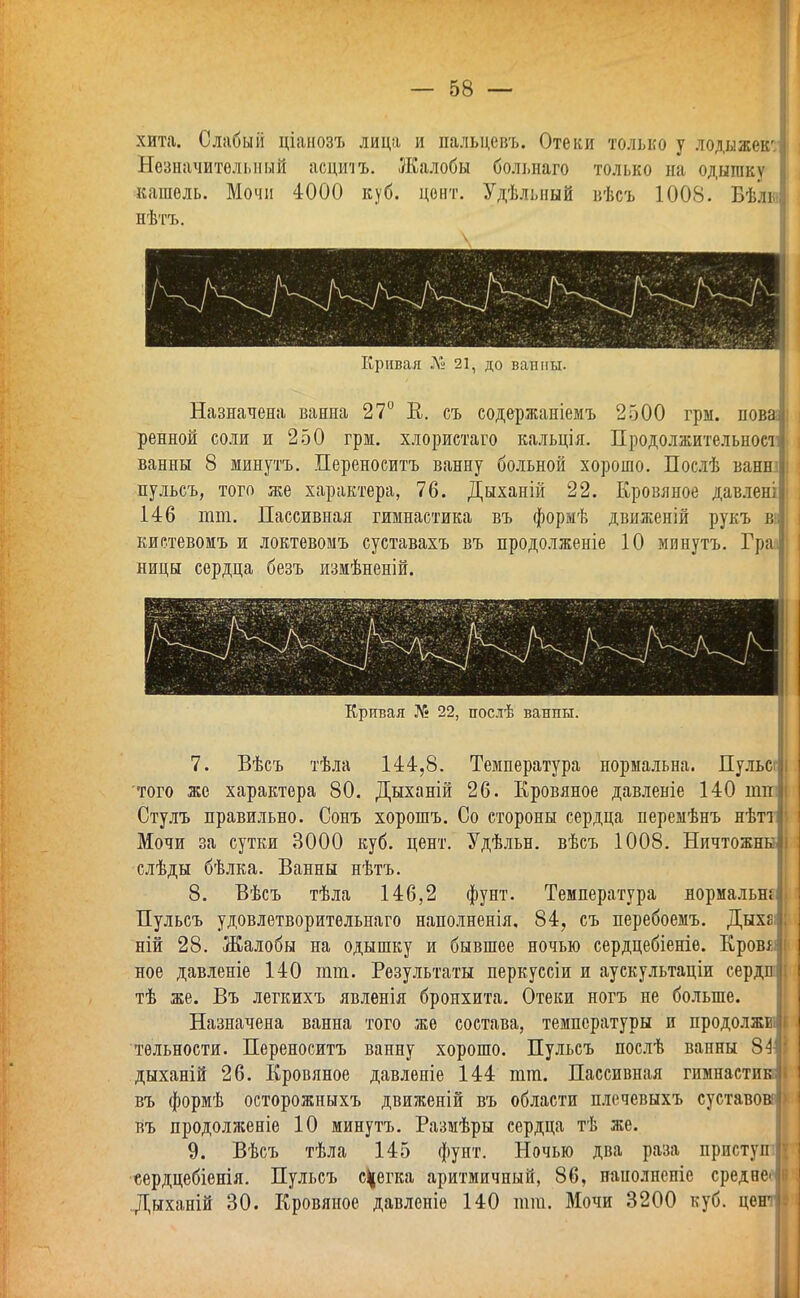 хита. Слабый ціаиозъ лица и пальцевъ. Отеки только у лодыжек'. Незначительный асдитъ. Жалобы больнаго только на одыпп;\ кашель. Мочи 4000 куб. цент. Удѣльный вѣсъ 1008. Вѣлю нѣтъ. Кривая Л» 21, до вашіы. Назначена ванна 27° В,, съ содержаніемъ 2500 грм. поваі; ренной соли и 250 грм. хлористаго кальція. Продолжительное - ванны 8 минутъ. Переноеитъ ванну больной хорошо. Послѣ ванш | пульсъ, того же характера, 76. Дыханій 22. Кровяное давлені 146 тт. Пассивная гимнастика въ форыѣ движеній рукъ в; \ кистевомъ и локтевомъ суставахъ въ продолженіе 10 минутъ. Гра; ницы сердца безъ измѣненій. Кривая № 22, постѣ ванпы. 7. Вѣсъ тѣла 144,8. Температура нормальна. Пульсі і того же характера 80. Дыханій 26. Кровяное давленіе 140 или [ Стулъ правильно. Сонъ хорошъ. Со стороны сердца перемѣнъ нѣтііі Мочи за сутки 3000 куб. цент. Удѣльн. вѣсъ 1008. Ничтожны]) слѣды бѣлка. Ванны нѣтъ. 8. Вѣсъ тѣла 146,2 фунт. Температура нормально! Пульсъ удовлетворительнаго наполненія, 84, съ перебоемъ. Дыха!; ній 28. Жалобы на одышку и бывшее ночью сердцебіеніѳ. Кровяіі ное давленіе 140 тт. Результаты перкуссіи и аускультаціи сердпіі тѣ же. Въ легкихъ явленія бронхита. Отеки ногъ не больше. Назначена ванна того же состава, температуры и продолжвіЬ тѳльности. Переноеитъ ванну хорошо. Пульсъ послѣ ванны 84ІІ дыханій 26. Кровяное давленіе 144 тт. Пассивная гимнастика! въ формѣ осторожныхъ движеній въ области плечевыхъ суставовф въ продолженіе 10 минутъ. Размѣры сердца тѣ же. 9. Вѣсъ тѣла 145 фунт. Ночью два раза приступи еердцебіенія. Пульсъ слегка аритмичный, 86, нинолненіе средее<|в Дыханій 30. Кровяное давленіе 140 тт. Мочи 3200 куб. ценш