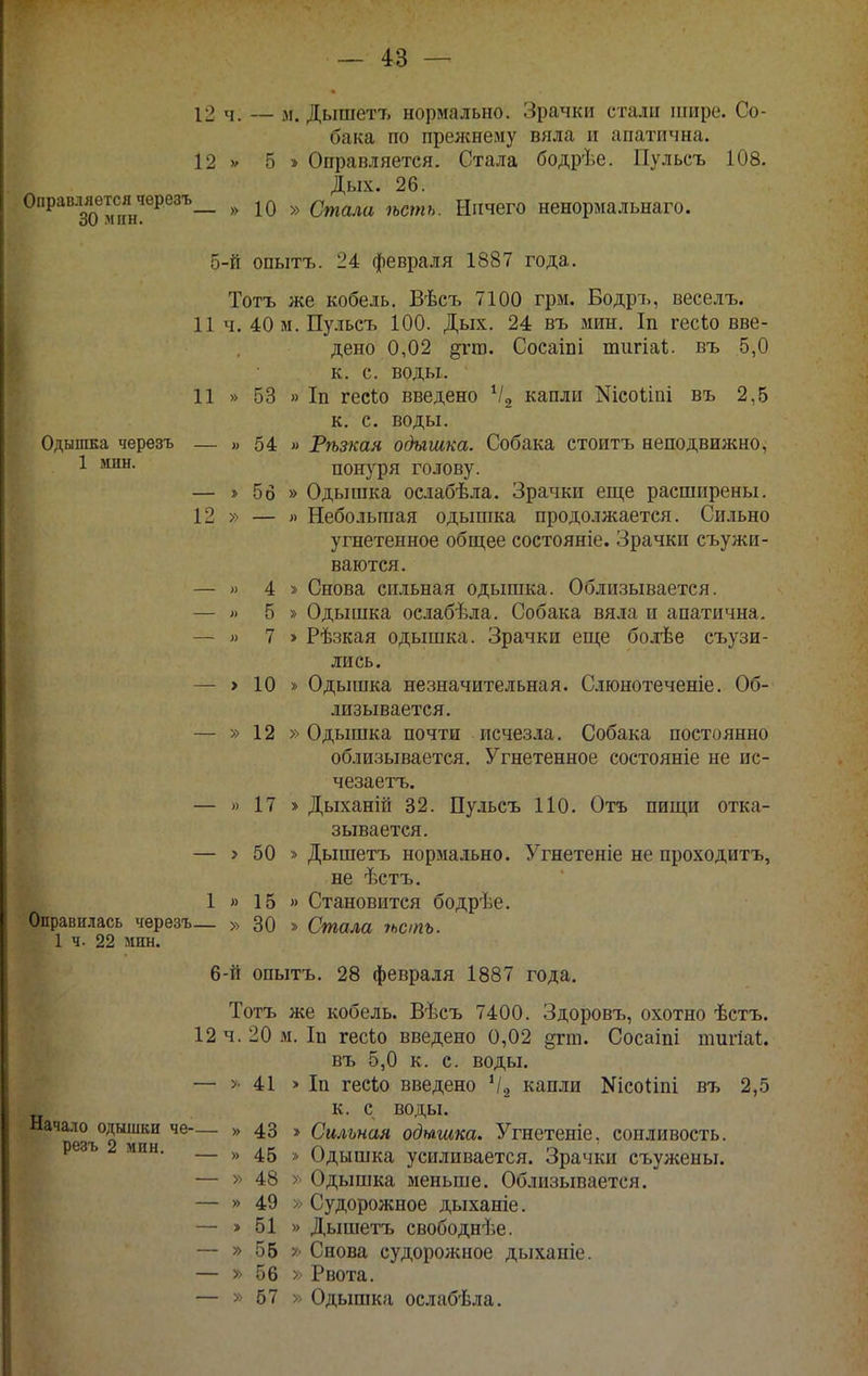 12 ч. — м. Дышетъ нормально. Зрачки стали шире. Со- бака по прелснему вяла и апатична. 12 V 5 » Оправляется. Стала бодрѣе. Пульсъ 108. Дых. 26. Оправляетсячерезъ_ ^^^^^^ ^^^^^^^ ц^^^^^,^ ненормальнаго. 5- й опытъ. 24 февраля 1887 года. Тотъ же кобель. Вѣсъ 7100 грм. Бодрі., веселъ. 11 ч. 40 м. Пульсъ 100. Дых. 24 въ мин. Іп гесіо вве- дено 0,02 §гт. Сосаіпі тигіаі. въ 5,0 к. с. воды. 11 » 53 » Іп гесіо введено ^І^ капли Кісоі,іпі въ 2,5 к. с. воды. Одышка черѳзъ — » 54 » Рѣзкая одышка. Собака стоитъ неподвижно, 1 понуря голову. — » 56 » Одышка ослабѣла. Зрачкн еще расширены. 12 » — » Небольшая одышка продолжается. Сильно угнетенное обш;ее состояніе. Зрачки съужи- ваются. — » 4 » Снова сильная одышка. Облизывается. — » 5 » Одышка оелабѣла. Собака вяла и апатична. — » 7 > Рѣзкая одышка. Зрачки еще болѣе съузи- лись. — > 10 » Одышка незначительная. Слюнотеченіе. Об- лизывается. — » 12 » Одышка почти исчезла. Собака постоянно облизывается. Угнетенное состояніе не ис- чезаетъ. — » 17 » Дыханій 32. Пульсъ 110. Отъ пищи отка- зывается. — > 50 » Дышетъ нормально. Угнетеніе не проходитъ, не ѣстъ. 1 » 15 » Становится бодрѣе. Оправилась черезъ— » 30 » Стала ѣсть. 1 ч. 22 мин. 6- й опытъ. 28 февраля 1887 года, Тотъ же кобель. Вѣсъ 7400. Здоровъ, охотно ѣстъ. 12ч.20м. Іп гесіо введено 0,02 ^т. Сосаіпі тигіаі;. въ 5,0 к. с. воды. — >' 41 » Іп гесіо введено капли Кісо1:іпі въ 2,5 к. с воды. Начало одышки че-— » 43 » Сильная одышка. Угнетеніе, сопливость, резъ мин. — Одышка усиливается. Зрачки съужены. — >■ 48 > Одышка меньше. Облизывается. — » 49 » Судорожное дыханіе. — > 51 » Дышетъ свободнѣе. — » 55 >^ Снова судорожное дыханіе. — » 56 >■ Рвота. — » 67 » Одышка ослабѣла.