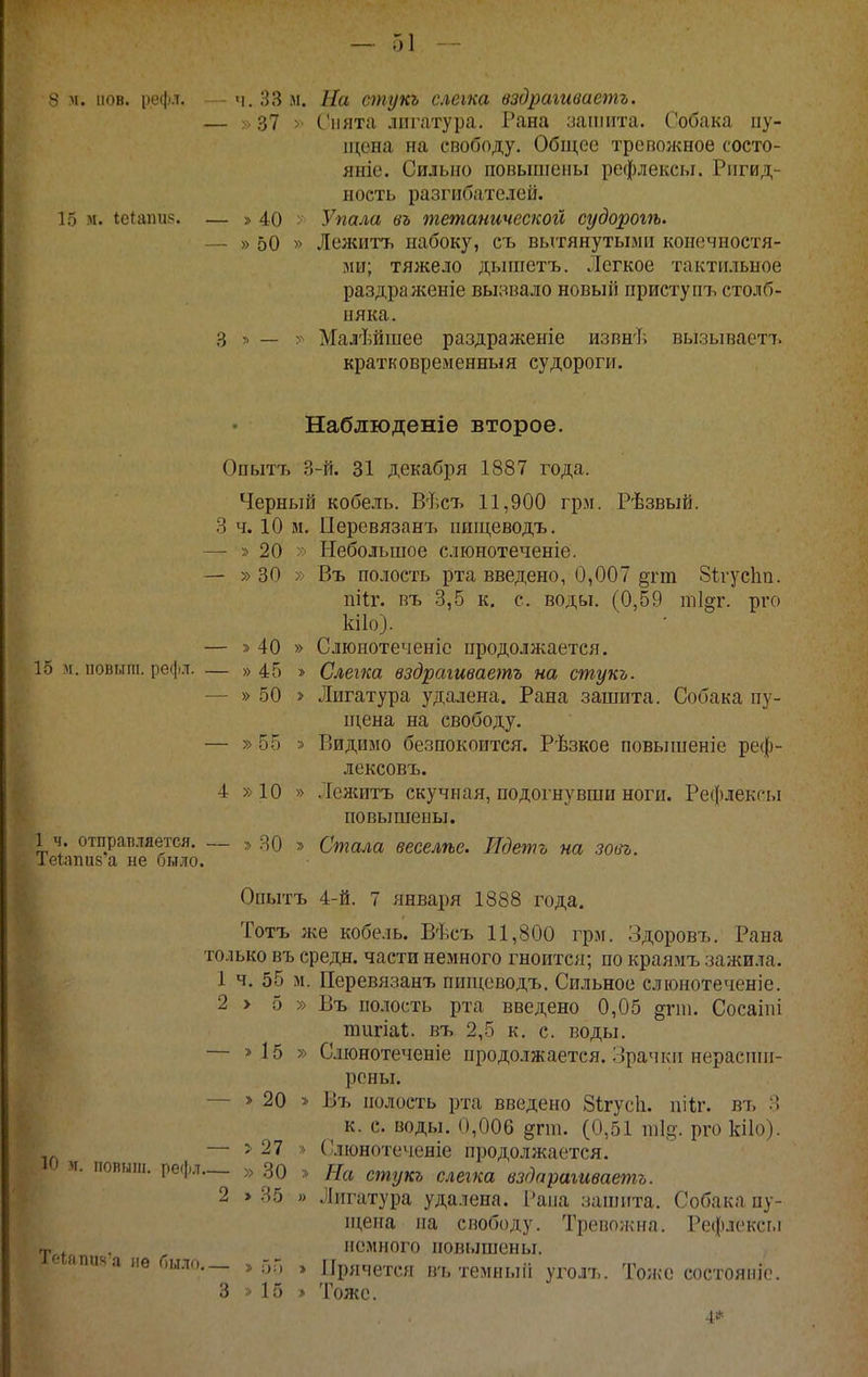 Г)1 - 8 м. нов. рефл. - ч.ЗЗм. На стукъ слеша вздрагиваешь. — ;• 37 > Снята лигатура. Рана зашита. Собака пу- щена на свободу. Общее тревожное состо- яніе. Сильно повышены рефлексы. Ригид- ность разгибателей. 15 -м. *е1аііи5. — » 40 : Упала въ тетанической судорогѣ. — » 50 » Лежигь набоку, съ вытянутыми конечностя- ми; тяжело дышетъ. Легкое тактильное раздраліеніе вызвало новый приступъ столб- няка. 3 > — > Малѣйшее раздраженіе извнѣ вызываете, кратковременный судороги. Наблюденіѳ второе. Опытъ 3-й. 31 декабря 1887 года. Черный кобель. Вѣст. 11,900 грм. Рѣзвый. 3 ч. 10 м. Ііеревязанъ ншцеводъ. — » 20 » Небольшое слюнотеченіе. — » 30 » Въ полость рта введено, 0,007 §тт 8ігусЬп. пііг. въ 3,5 к. с. воды. (0,59 т1§г. рго кііо). — » 40 » Слюнотеченіе продолжается. 15 м. повыііі. рефл. — » 45 » Слегка вздрагиваетъ на стукъ. — » .50 > Лигатура удалена. Рана зашита. Собака пу- пі,ена на свободу. — » 55 » Видимо безпокоится. Рѣзкое повышеніе реф- лексовъ. 4 »10 » .Лежитъ скучная, подогнувши ноги. Рефлексы повышеыы. 1 ч. отправляется. — > ЯО » Стала веселѣе. Шетъ на зовъ. Іе1апи8 а не было. Опытъ 4-й. 7 января 1888 года. Тотъ же кобель. Вѣсъ 11,800 грм. Здоровъ. Рана только въ средн. части немного гноится; по краямъ зажила. 1 ч. 55 м. Перевязанъ пищеводъ. Сильное сліонотеченіе. 2 > 5 » Въ полость рта введено 0,05 §гпі. Сосаіпі тигіаіі. въ 2,5 к. с. воды. — » 15 » Сліонотеченіе продолжается. Зрачки нерасши- роны. — » 20 » Въ полость рта введено Зігусіі. пііг. въ .■*> ^ к. с. воды. 0,006 ^пп. (0,51 ніів-. рго кііо). — > 27 * (!люнотечеяіе продолжается. іо я. іювыіи. рефл.— » 30 » На стукъ слегка вздарагиваетъ. 2 > 35 » Лигатура удалена. Рапа зашита. Собака пу- и;ена па свободу. Тревожна. Рефлексг.і , немного повышены, е апш а иѳ было— , г,П » Прячется въ темиыіі уголъ. Тоже состояніе. 3 ;> 15 * Тоже. 4*