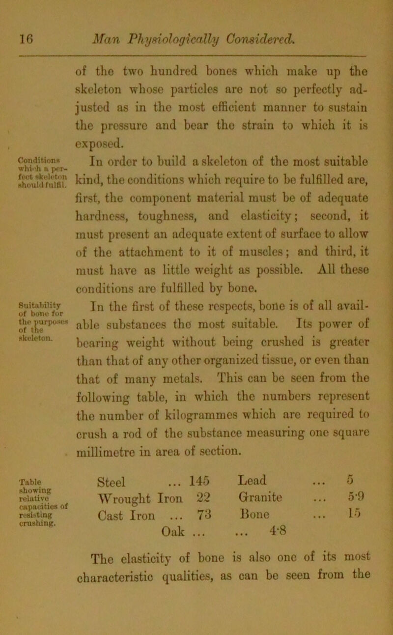 Conditions whi''h n prr- fact skeleton should fulfil. Suitability of bona for tho purposes of the skeleton. Table showing relative rapacities of resisting crushing. of the two hundred hones which make up the skeleton whose particles are not so perfectly ad- justed as in the most efficient manner to sustain the pressure and bear the strain to which it is exposed. In order to build a skeleton of the most suitable kind, the conditions which require to be fulfilled are, first, the component material must be of adequate hardness, toughness, and elasticity; second, it must present an adequate extent of surface to allow of the attachment to it of muscles; and third, it must have as little weight as possible. All these conditions are fulfilled by bone. In the first of these respects, bone is of all avail- able substances the most suitable. Its power of bearing weight without being crushed is greater than that of any other organized tissue, or even than that of many metals. This can be seen from the following table, in which the numbers represent the number of kilogrammes which are required to crush a rod of the substance measuring one square millimetre in area of section. Steel ... 145 Lead ... 5 Wrought Iron 22 Granite 5'9 Cast Iron ... 73 Bone ... 15 Oak ... ... 4-8 The elasticity of bone is also one of its most characteristic qualities, as can be seen from the