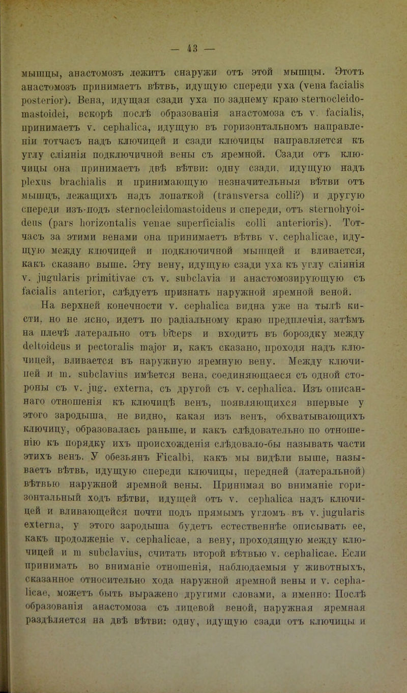 мышцы, анастомозъ лежитъ снаружи отъ этой лышцы. Этотъ анастомозъ принимаете, вѣтвь, идущую спереди уха (ѵепа іасіаіі» роііЬегіог). Вена, идущая сзади уха по заднему краю 8І}егпос1еісІо- тааІоИеі, вскорѣ послѣ образованія анастомоза съ ѵ. Іасіаіі», принимаетъ ѵ. серііаііса, идущую въ горизонтальномъ направле- ніи тотчасъ надъ ключицей и сзади ключицы направляется къ углу сліянія подключичной вены съ яремной. Сзади отъ клю- чицы она принимаетъ двѣ вѣтви: одну сзади, идущую надъ р1ехи« Ьгас1ііа]І8 и принимающую незначительныя вѣтви отъ мышцъ, лежащихъ надъ лопаткой (Ігапвѵегва соПі?) и другую спереди изъ-подъ 8І;егпос1еі(1ота8І;оМеіі8 и спереди, отъ віегпоііуоі- (іеіі8 (раг8 1югІ2оп1а1І8 ѵепае 8ирегйсіа1І8 соИі апіегіогіз). Тот- часъ за этими венами она принимаетъ вѣтвь ѵ. серііаіісае, иду- щую между ключицей и подключичной мыиіцей и вливается, какъ сказано выше. Эту вену, идущую сзади уха къ углу сліянія V. ^и§іі1агІ8 ргітіиѵае съ ѵ. аііЬсІаѵіа и анастомозирующую съ Іасіаіій апіегіог, слѣдуетъ признать наружной яремной веной. На верхней конечности ѵ. серііаііса видна уже на тылѣ ки- сти, но не ясно, идетъ по радіальному краю предплечія, затѣмъ на плечѣ латерально отъ ЬіТ?.ер8 и входитъ въ бороздку между сІе](оісІеи8 и ресІога1І8 та]ог и, какъ сказано, проходя надъ клю- чицей, вливается въ наружную яремную вену. Между ключи- пей и т. 8иЬс1аѵііі8 имѣется вена, соединяющаеся съ одной сто- роны съ V. ]и§-. ехіегпа, съ другой съ ѵ. серііаііса. Изъ описан- наго отношенія къ ключицѣ венъ, появляющихся впервые у этого зародыша, не видно, какая изъ венъ, обхватывающихъ ключицу, образовалась раньше, и какъ слѣдовательно по отноше- нію къ порядку ихъ происхожденія слѣдовало-бы называть части этихъ венъ. У обезьянъ ГісаІЪі, какъ мы видѣли выше, назы- ваетъ вѣтвь, идущую спереди ключицы, передней (латеральной) вѣтвью наружной яремной вены. Принимая во вниманіе гори- зонтальный ходъ вѣтви, идущей отъ ѵ. серііаііса надъ ключи- цей и вливающейся почти подъ прямымъ угломъ въ ѵ.іи^и1агІ8 ехіегпа, у этого зародыша будетъ естественнѣе описывать ее, какъ продолжевіе ѵ. серЬаІісае, а вену, проходящую между клю- чицей и пі 8иЬс1аѵіи8, считать второй вѣтвью ѵ. серЬаІісае. Если принимать во вниманіе отношенія, наблюдаемыя у животныхъ, сказанное относительно хода наружной яремной вены и л'. серііа- Іісае, можетъ быть выражено другими словами, а именно: Послѣ образованія анастомоза съ лицевой веной, наружная яремная раздѣляется на двѣ вѣтви: одну, идущую сзади отъ ключицы и