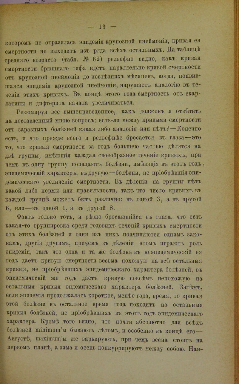 которомъ не отразилась эпидемія крупозной пнеймоніи, кривая ея смертности не выходитъ изъ ряда всѣхъ остальныхъ. На таблицѣ средняго возраста (табл. № 62) рельефно видно, какъ кривая смертности бріошнаго тифа идетъ параллельно кривой смертности отъ крупозной пнеймоніи до послѣднихъ мѣсяцевъ, когда, появив- шаяся эпидемія крупозной пнеймоніи, нарушаетъ аналогію въ те- ченіи этихъ кривыхъ. Въ концѣ этого года смертность отъ скар- латины и дифтерита начала увеличиваться. Резюмируя все вышеприведенное, какъ долженъ я отвѣтить на поставленный мною вопросъ: есть-ли между кривыми смертности отъ заразныхъ болѣзней какая либо аналогія или нѣтъ?—Конечно есть, II что прежде всего и рельефнѣе бросается въ глаза—это то, что кривыя смертности за годъ большею частью дѣлятся на двѣ группы, имѣющія каждая своеобразное теченіе кривыхъ, при чемъ въ одну группу попадаютъ болѣзни, имѣющія въ этотъ годъ. эпидемическій характеръ, въ другую—болѣзни, не пріобрѣвшія эпи- демическаго увеличенія смертности. Въ дѣленіи на группы нѣтъ какой либо нормы или правильности, такъ что число кривыхъ въ каждой группѣ можетъ быть различно; въ одной 3, а въ другой 6, или—въ одной 1, а въ другой 8. Фактъ только тотъ, и рѣзко бросающійся въ глаза, что есть какая-то группировка среди годовыхъ теченій кривыхъ смертности отъ этихъ болѣзней и одни изъ нихъ подчиняются однимъ зако- намъ, другія другимъ, причемъ въ дѣленіи этомъ играютъ роль эпидеміи, такъ что одна и та же болѣзнь въ неэпидемическій ея годъ даетъ кривую смертности весьма похожую на всѣ остальныя кривыя, не пріобрѣвшихъ эпидемическаго характера болѣзней, въ эпидемическій же годъ даетъ кривую совсѣмъ непохожую на остальныя кривыя эндемическаго характера болѣзней. Затѣмъ, если эпидемія продолжалась короткое, менѣе года, время, то кривая этой болѣзни въ остальное время года походитъ на оста.ііьныя кривыя болѣзней, не пріобрѣвшихъ въ этотъ годъ эпидемическаго характера. Кромѣ того видно, что почти абсолютно для всѣхъ болѣзней тіпітиш’ы бываютъ лѣтомъ, и особенно въ концѣ его — Августѣ, шахішиш’ы л^е варьируютъ, при чемъ весна стоитъ на первомъ планѣ, а зима и осень конкуррируютъ между собою. Наи-