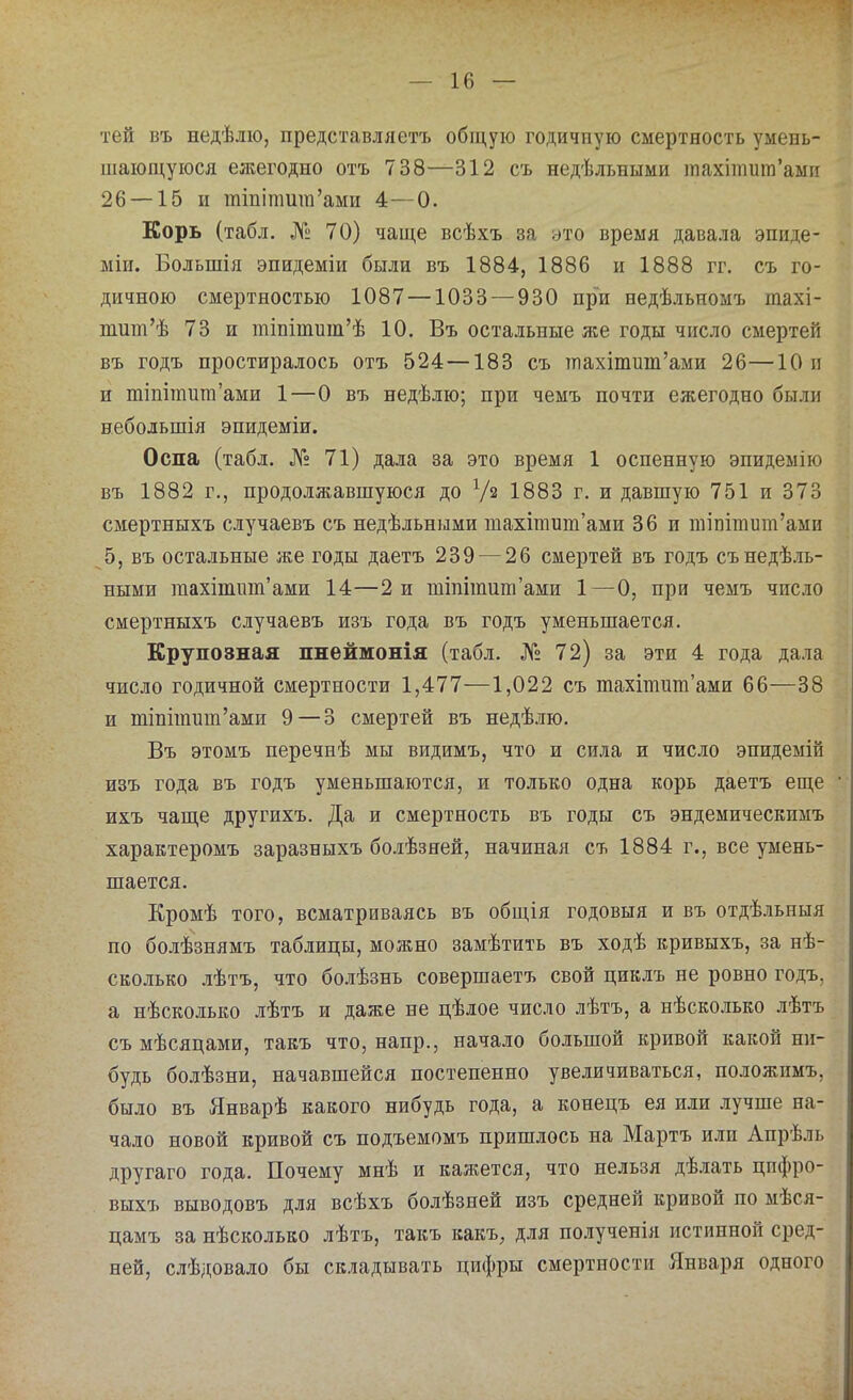 тей въ недѣлю, представляетъ обіцую годичную смертность умень- шаюш,уюся ежегодно отъ 738—312 съ недѣльными тахітшв’ами 26 —15 II тіпітшп’ами 4—0. Корь (табл. № 70) чаще всѣхъ за это время давала эпиде- міи. Большія эпидеміи были въ 1884, 1886 и 1888 гг. съ го- дичною смертностью 1087 —1033 — 930 при недѣльномъ тахі- шшп’ѣ 73 и іпіпіттп’ѣ 10. Въ остальные же годы число смертей въ годъ простиралось отъ 524—183 съ тнахішит’ами 26—10 и и тіпітига’ами 1—О въ недѣлю; при чемъ почти ежегодно были небольшія эпидеміи. Оспа (табл. № 71) дала за это время 1 оспенную эпидемію въ 1882 г., продолжавшуюся до Ѵз 1883 г. и давшую 751 и 373 смертныхъ случаевъ съ недѣльными юахітит’ами 36 и шіпшшн’ами 5, въ остальные же годы даетъ 239 — 26 смертей въ годъ сънедѣ.ть- ными гаахітіші’ами 14—2 и тіпіншт’ами 1—О, при чемъ число смертныхъ случаевъ изъ года въ годъ уменьшается. Крупозная пнеймонія (табл. № 72) за эти 4 года дала число годичной смертности 1,477—1,022 съ тахіишт’ами 66—38 и тіпітиіп’ами 9 — 3 смертей въ недѣ.ію. Въ этомъ перечнѣ мы видимъ, что и сила и число эпидемій изъ года въ годъ уменьшаются, и только одна корь даетъ еще ихъ чаще другихъ. Да и смертность въ годы съ эндемическимъ характеромъ заразныхъ бо.іѣзней, начиная съ 1884 г., все умень- шается. Кромѣ того, всматриваясь въ общія годовыя и въ отдѣльныя по болѣзнямъ таблицы, можно замѣтить въ ходѣ кривыхъ, за нѣ- сколько лѣтъ, что болѣзнь совершаетъ свой цик.іъ не ровно годъ, а нѣсколько лѣтъ и даже не цѣлое число лѣтъ, а нѣско.тько лѣтъ съ мѣсяцами, такъ что, наир., начало большой кривой какой ни- будь болѣзни, начавшейся постепенно увеличиваться, положимъ, было въ Январѣ какого нибудь года, а конецъ ея или .іучше на- чало новой кривой съ подъемомъ пришлось на Мартъ или Апрѣль другаго года. Почему мнѣ и каяіется, что нельзя дѣ.іать цифро- выхъ выводовъ для всѣхъ болѣзней изъ средней кривой по мѣся- цамъ за нѣсколько лѣтъ, такъ какъ, для полученія истинной сред- ней, слѣдовало бы складывать цифры смертности Января одного