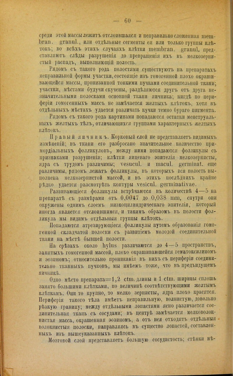 среди этой массы лежитъ отслоившаяся и неправильно сложенная тет- Ьгап. ^гаііиі., или отдѣльные сегменты ея или только группы клѣ- токъ; во всѣхъ этихъ случаяхъ клѣтки тетЪгап. угаіші. пред- ставляютъ слѣды разрушенія до превращения ихъ въ мелкозерни- стый распадъ, выполняющій полость. Рядомъ съ такого рода полостями существуютъ на препаратахъ неправильной формы участки, состояние изъ гомогенной нлохо окраши- вающейся массы, пронизанной тонкими пучками соединительной ткани; участки, мѣстами будучи скучены, раздѣляются другъ отъ друга не- значительными полосками основной ткани яичника; нигдѣ по нери- феріи гомогенныхъ массъ не замѣчается желтыхъ клѣтокъ, хотя въ отдѣльныхъ мѣстахъ удается различать кучки темно бураго пигмента. Рядомъ съ такого рода картинами попадаются остатки менструаль- ныхъ желтыхъ тѣлъ, отличающихся группами характерныхъ желтыхъ клѣтокъ. Правый яичникъ. Корковый слой не представляетъвидимыхъ измѣненій; въ ткани его разбросано значительное количество при- мордіальныхъ фолликуловъ, между ними попадаются фолликулы съ признаками разрушенія; клѣтки яицеваго эпителія мелкозернисты, ядра съ трудомъ различимы; ѵезисиі. и тасиі. §-егтіііаі. еще различимы, рядомъ лежатъ фолликулы, въ которыхъ вся полость вы- полнена мелкозернистой массой, и въ этихъ послѣднихъ крайне рѣдко удается разсмотрѣть контуры ѵевісиі. §;егтіпа1іѵае. Развивающіеся фолликулы встрѣчаются въ количествѣ 4—5 на препаратѣ съ размѣрами отъ 0,0047 до 0,038 тш, снутри они окружены однимъ слоемъ низкоцилиндрическаго эпителія, который иногда является отслоившимся,-и такимъ образомъ въ полости фол- ликула мы видимъ отдѣльныя группы клѣтокъ. Попадаются атрезирующіеся фолликулы путемъ образованія гомо- генной складчатой полоски съ развитіемъ молодой соединительной ткани на мѣстѣ бывшей полости. На срѣзахъ около Ііуіиз различаются до 4—5 пространству занятыхъ гомогенной массой, плохо окрашивающейся гематоксилиномъ и эозиномъ; относительно прониканія въ нихъ съ периферіи соедини- тельно тканныхъ пучковъ, мы имѣемъ тоже, что въ предъидущемъ яичникѣ. Одно мѣсто препарата=1,2 сіт. длины и 1 сіт. ширины сплошь занято большими клѣтками, по величинѣ соотвѣтствующими желтымъ клѣткамъ. Они то крупно, то мелко зернисты, ядра плохо красятся. Периферія такого тѣла имѣетъ неправильную, волнистую, довольно рѣзкую границу; между отдѣльными лопастями ясно различается сое- динительная ткань съ сосудами; въ центрѣ замѣчаетея мелковолок- нистая масса, окрашенная эозиномъ, а отъ нея отходятъ отдѣльныя волокнистая полоски, направляясь въ существо лопастей, составлен- ныхъ изъ вышеуказанныхъ клѣтокъ. Мозговой слой представляетъ большую сосудистость; стѣнки нѣ-