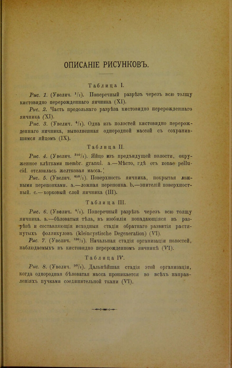 ОПИСАНІЕ РИСУНКОВЪ. Таблица I. Рис. 1. (Увелич. Чі). Поперечный разрѣзъ черезъ всю толщу кистовидно перерожденнаго яичника (XI). Рис. 2. Часть продольнаго разрѣза кистовидно перерожденнаго яичника ('ХІ). Рис. 3. (Увелич. 4/і). Одна изъ полостей кистовидно перерож- деннаго яичника, выполненная однородной массой съ сохранив- шимся яйцомъ (IX). Таблица И. Рис. 4. (Увелич. 350/і). Яйцо изъ предъидущей полости, окру- женное клѣтками тетЪг. ^гапиі. а.—Мѣсто, гдѣ отъ гопае реііи- сИ. отслоилась желтковая масса.' Рис. 5. (Увелич. 450/і). Поверхность яичника, покрытая лож- ными перепонками, а.—ложная перепонка. Ь.—эпителій поверхност- ный, с.—корковый слой яичника (III). Таблица III. Рис. 6. (Увелич. 4/і). Поперечный разрѣзъ черезъ всю толщу яичника, а.—бѣловатыя тѣла, въ изобиліи попадающіяся въ раз- рѣзѣ и составляющія исходный стадіи обратнаго развитія растя- нутыхъ фолликуловъ (кІеіпсузіізсЬе Бе^епегаііоп) (VI). Рис. 7. (Увелич. 130/і). Начальная стадія организаціи полостей, наблюдаемыхъ въ кистовидно перерожденномъ яичникѣ (VI). Таблица IV. Рис. 8. (Увелич. 90/і). Дальнѣйшая стадія этой организаціп, когда однородная бѣловатая масса проникается во всѣхъ направ- леніяхъ пучками соединительной ткани (VI).