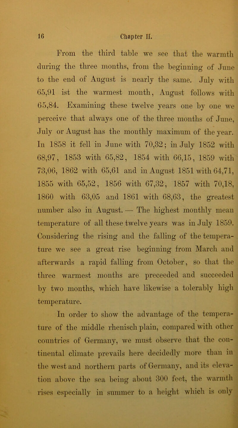 From tlie third table we see that the warmth during the three months, from the beginning of June to the end of August is nearly the same. July with 65,91 ist the warmest month, August follows with 65,84. Examining these twelve years one by one we perceive that always one of the three months of June, July or August has the monthly maximum of the year. In 1858 it fell in June with 70,32; in July 1852 with 68,97, 1853 with 65,82, 1854 with 66,15, 1859 with 73,06, 1862 with 65,61 and in August 1851 with 64,71, 1855 with 65,52, 1856 with 67,32, 1857 with 70,18, 1860 with 63,05 and 1861 with 68,63, the greatest number also iu August. — The highest monthly mean temperature of all these twelve years was in July 1859. Considering the rising and the falling of the tempera- ture we see a great rise begiuning from March and afterwards a rapid falling from October, so that the three warmest months are preceeded and succeeded by two months, which have likewise a tolerably high temperature. In order to show the advantage of the tempera- ture of the middle rhenisch plain, compared with other countries of Germany, we must observe that the con- tinental climate prevails here decidedly more than in the west and northern parts of Germany, and its eleva- tion above the sea being about 300 feet, the warmth rises especially iu summer to a height which is only