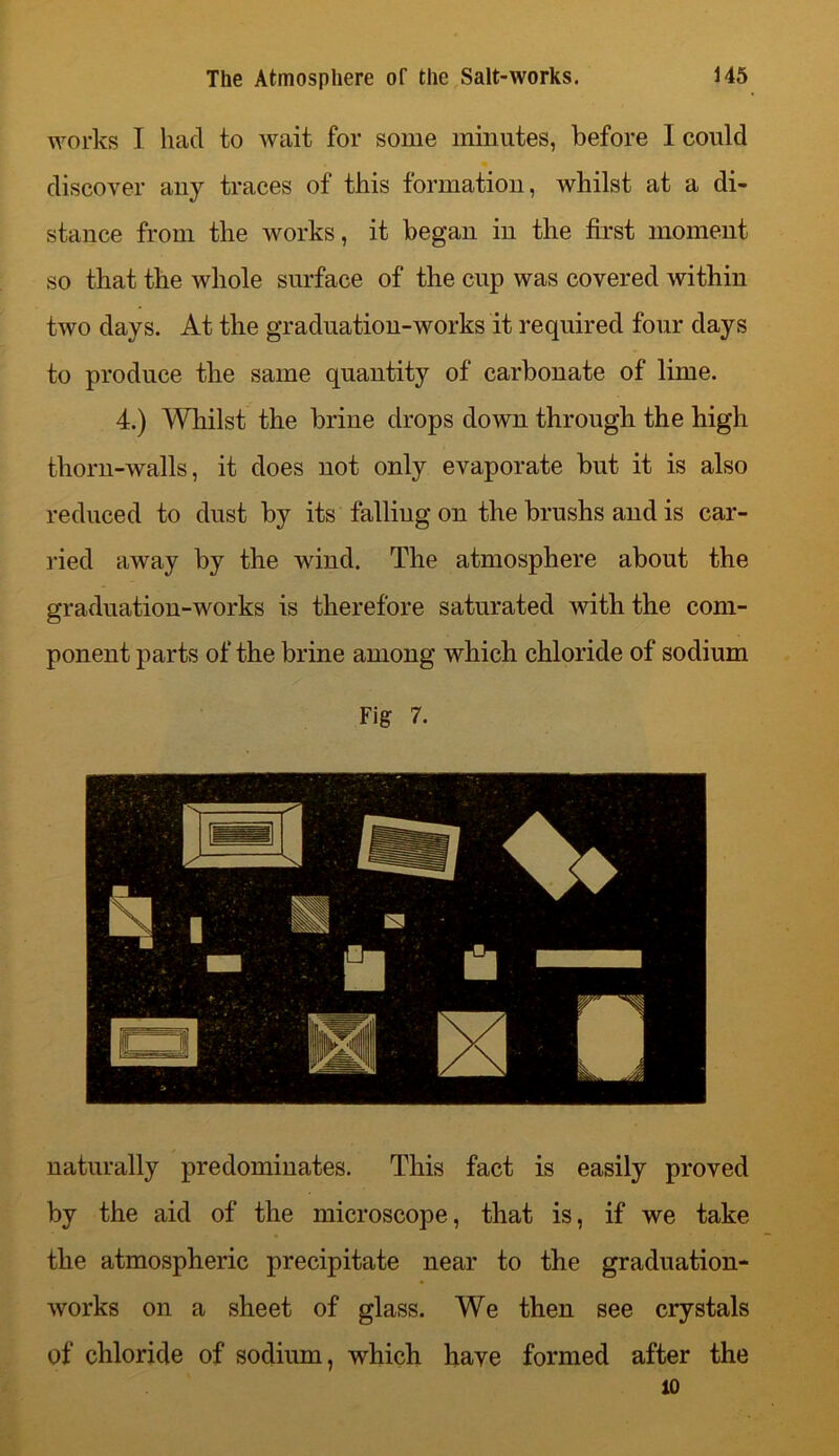 works I had to wait for some minutes, before I could discover any traces of this formation, whilst at a di- stance from the works, it began in the first moment so that the whole surface of the cup was covered within two days. At the graduation-works it required four days to produce the same quantity of carbonate of lime. 4.) Whilst the brine drops down through the high thorn-walls, it does not only evaporate but it is also reduced to dust by its falling on the brushs and is car- ried away by the wind. The atmosphere about the graduation-works is therefore saturated with the com- ponent parts of the brine among which chloride of sodium Fig 7. naturally predominates. This fact is easily proved by the aid of the microscope, that is, if we take the atmospheric precipitate near to the graduation- works on a sheet of glass. We then see crystals of chloride of sodium, which have formed after the
