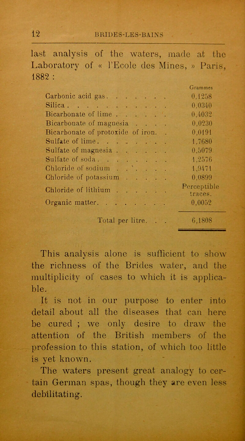 last analysis of the waters, made at the Laboratory of « l’Ecole des Mines, » Paris, 1882 : Grammes Carbonic acid gas 0,1258 Silica 0,0340 Bicarbonate of lime 0,4032 Bicarbonate of magnesia .... 0,0230 Bicarbonate of protoxide of iron. . 0,0191 Sulfate of lime 1,7680 Sulfate of magnesia 0,5079 Sulfate of soda 1,2576 Chloride of sodium . . '. . . . 1,9471 Chloride of potassium 0,0899 Chloride of lithium Perceptible traces. Organic matter 0,0052 Total per litre. . . 6,1808 This analysis alone is sufficient to show the richness of the Brides water, and the multiplicity of cases to which it is applica- ble. It is not in our purpose to enter into detail about all the diseases that can here be cured ; we only desire to draw the attention of the British members of the profession to this station, of which too little is yet known. The waters present great analogy to cer- tain German spas, though they are even less debilitating.