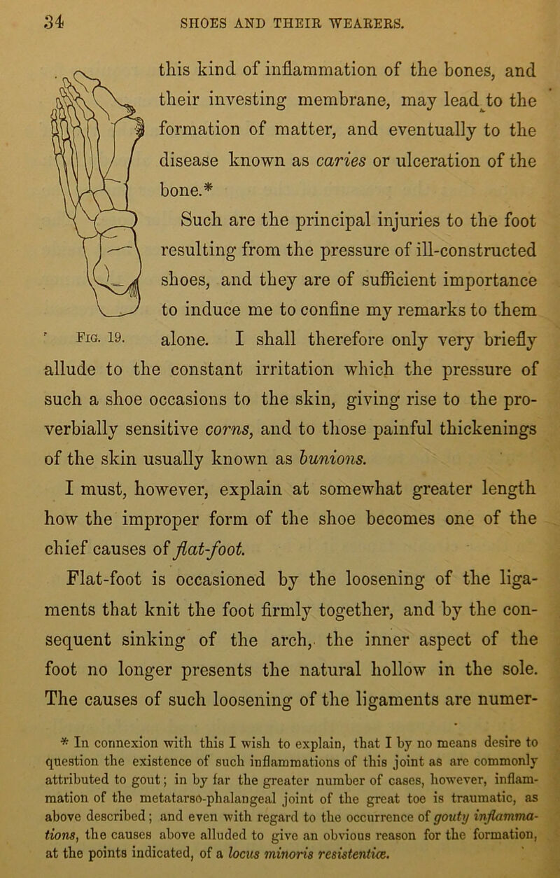 this kind of inflammation of the bones, and their investing membrane, may lead^to the formation of matter, and eventually to the disease known as caries or ulceration of the bone.* Such are the principal injuries to the foot resulting from the pressure of ill-constructed shoes, and they are of sufficient importance to induce me to confine my remarks to them Fig. 19. alone. I shall therefore only very briefly allude to the constant irritation which the pressure of such a shoe occasions to the skin, giving rise to the pro- verbially sensitive corns, and to those painful thickenings of the skin usually known as bunions. I must, however, explain at somewhat greater length how the improper form of the shoe becomes one of the chief causes of fiat-foot. Flat-foot is occasioned by the loosening of the liga- ments that knit the foot firmly together, and by the con- sequent sinking of the arch, the inner aspect of the foot no longer presents the natural hollow in the sole. The causes of such loosening of the ligaments are numer- * In connexion with this I wish to explain, that I by no means desire to question the existence of such inflammations of this joint as are commonly attributed to gout; in by far the greater number of cases, however, inflam- mation of tho metatarso-phalangeal joint of the great toe is traumatic, as above described; and even with regard to the occurrence of gouty inflamma- tionsr, the causes above alluded to give an obvious reason for the formation, at the points indicated, of a locus minoris resistentue.