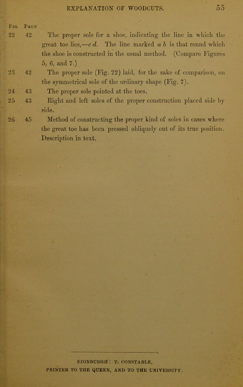 Fig. Page 22 42 23 42 24 43 25 43 26 45 The proper sole for a shoe, indicating the line in which the great toe lies,—c d. The line marked a & is that round which the shoe is constructed in the usual method. (Compare Figures 5, 6, and 7.) The proper sole (Fig. 22) laid, for the sake of comparison, on the symmetrical sole of the ordinary shape (Fig. 7). The proper sole pointed at the toes. Eight and left soles of the proper construction placed side by side. Method of constructing the proper kind of soles in cases where the great toe has been pressed obliquely out of its true position. Description in text. EDINBURGH : T. CONSTABLE, PRINTER TO THE QUEEN, AND TO THE UNIVERSITY.