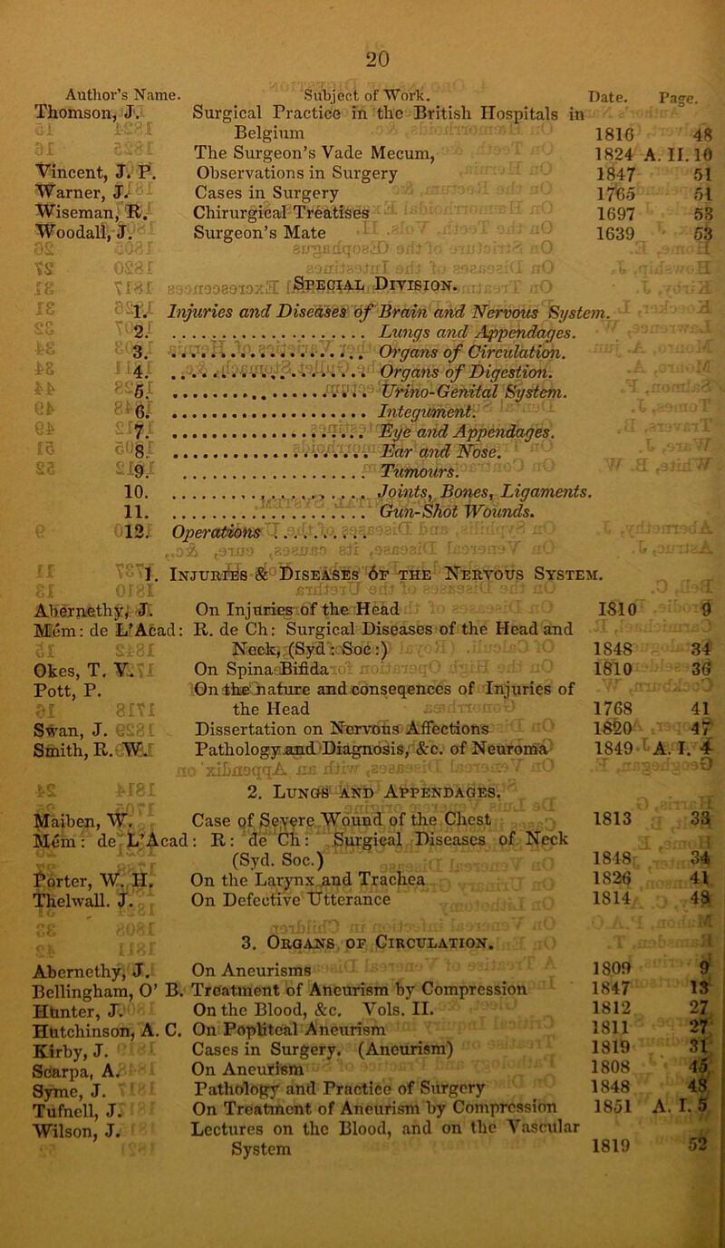 Author’s Name. Thomson, J', hw ' ■ Vincent, J. P. Warner, J. Wiseman^ 'R. Woodall, J. ts .i 0 V18I jk <- 0-1.' . ; r ' 2.f (:S 3. n i '4: e^ 8^6: 64 R- p'-'g; SS 10. 11. 0 12. I. ;l Abernethyi iT. Subject of‘Worh. Date. Pao’e. Surgical Practice in the British Hospitals in Belgium 1816 48 The Surgeon’s Vade Mecum, 1824 A. II. 10 Observations in Surgery 1847 Cases in Surgery 1765 Chirurgical Treatises 1697 Surgeon’s Mate 1639 8f. yxrooaoioxH 1 SJ’EQIA.L Ditisiqn. Injuries and Diseases of Brain and Nervotis System. 2/ Lungs and Appendages. .. Ch'gans of Circulation. .4- Organs of Digestion, ilriho-Genital Systeni. 8^6; Integument. ' ^Iv.. Eye and Appendages. Ear and Nose. ^19.' Turnours. 10 Joints, Bones, Ligaments. ‘. ..' Gun-Shot Wounds. Opercdm^ris >. 51 51 53 53 '1 On Injuries of the Head Mem: de L’Acad: R. de Ch: Surgical Diseases of the Head and Neck,;(Syd:Boc:) On SpinaiBifida On thE nature and conseqences of Injuries of the Head Dissertation on Nervohs Affections Pathologymid‘Diagnosis, &c. of Neuroma' 'xiLitoq'-;- ■ • 2. Lungs' and Appendages. Okes, T, V.. i ■ Pott, P. 8 VI Swan, J. . Smith, R. W'.' Maiben, W. Mem: de L’Acad Porter, W. H. Thelwall. J. Abernethy, J. Bellingham, O’ B. Htinter, J. Hutchinson, A. C. Kirby, J. Scarpa, A. Syme, J. Tufnell, J. Wilson, J. Case of Sey^re. Wound of the Chest : R: de Ch: Surgical Diseases of Neck (Syd. Soc.) On the Larynx,n^nd Trachea On Defective Utterance 3. Organs, of Circulation. On Aneurisms Treatment of Aneurism by Compression On the Blood, &c, Vols. II. On Pophtcal Aneurism Cases in Surgery. (Aneurism) On Aneurism Pathology and Practice of Surgery On Treatment of Aneurism by Compression Lectures on the Blood, and on the Vascular System ■ i 1810 9 1848 34 1810 39 . .' y 1768 41 1820 47 1849 f A. I. 4- 3 1813 33 1848; 34 1826 41 1814. 43 A 1809 9 1847 13' 1812 27 1811 2t 1819 SV 1808 ' €■ 1848 4§: 1851 A, I. 5 1819 J ^ 52