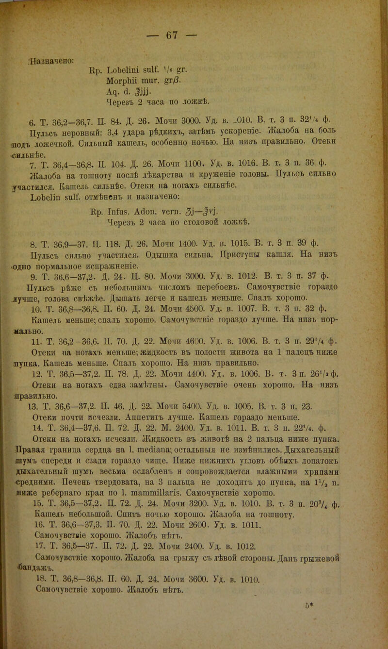 — 07 — Назначено: Кр. ЬоЬеІіпі 8іі1і'. '/в §г. Могріііі гаиг. дг/?. Ад. й. Зііу Черезъ 2 часа по ложкѣ. 6. Т. 36,2-36,7. П. 84. Д. 26. Мочи 3000. Уд. в. -010. В. т. 3 п. 327* ф. Пудьсъ неровный: 3,4 удара рѣдкихъ, затѣмъ ускореніе. Жалоба на боль аюдъ ложечкой. Сильный кашель, особенно ночью. На низъ правильно. Отеки чшльнѣе. 7. Т. 36,4-36,8. Ц. 104. Д. 26. Мочн 1100. Уд. в. 1016. В. т. 3 п. 36 ф. Жалоба на тошноту послѣ лѣкарства и круженіе головы. Пульсъ сильно участился. Кашель сильнѣе. Отеки на ногахъ сильнѣе. ЬоЬеІіп зиіі'. отмѣненъ и назначено: Кр. Іпгиз. Айоп. ѵегп. ЗІ~с?ѵІ- Черезъ 2 часа по столовой ложкѣ. 8. Т. 36,9—37. П. 118. Д. 26. Мочи 1400. Уд. в. 1015. В. т. 3 п. 39 ф. Пульсъ сильно участился. Одышка сильна. Приступы кашля. На низъ •одно нормальное испражненіе. 9. Т. 36,6-37,2. Д. 24. П. 80. Мочи 3000. Уд. в. 1012. В. т. 3 п. 37 ф. Пульсъ рѣже съ неболышгаъ числомъ перебоевъ. Самочувствіе гораэдо лучше, голова свѣжѣе. Дышать легче и кашель меньше. Спалъ хорошо. 10. Т. 36,8—36,8. П. 60. Д. 24. Мочи 4500. Уд. в. 1007. В. т. 3 п. 32 ф. Кашель меньше; спалъ хорошо. Самочувствіе гораздо лучше. На низъ нор- мально. 11. Т. 36,2-36,6. П. 70. Д. 22. Мочи 4600. Уд. в. 1006. В. т. 3 и. 29'Л ф. Отеки на ногахъ меньше; жидкость въ полости живота на 1 палецъ ниже пупка. Кашель меньше. Спалъ хорошо. На низъ правильно. 12. Т. 36,5—37,2. П. 78. Д. 22. Мочи 4400. Уд. в. 1006. В. т. 3 п. 26*/» ф. Отеки на ногахъ едва замѣтны. Самочувствіе очень хорошо. На низъ правильно. 13. Т. 36,6—37,2. П. 46. Д. 22. Мочи 5400. Уд. в. 1005. В. т. 3 п. 23. Отеки почти исчезли. Аппетитъ лучше. Кашель гораздо меньше. 14. Т. 36,4—37,6. П. 72. Д. 22. М. 2400. Уд. в. 1011. В. т. 3 н. 227*. ф. Отеки на ногахъ исчезли. Жидкость въ животѣ на 2 пальца ниже пупка. Правая граница сердца на 1. тесііапа; остальныя не измѣнились. Дыхательный шум!. спереди и сзади гораздо чище. Ниже нижнихъ угловъ обѣихъ лопатокъ дыхательный шумъ весьма ослабленъ и сопровождается влажными хрипами •средними. Печень твердовата, на 3 пальца не доходнтъ до пупка, на 17» п. ниже ребернаго края но 1. тагшшііагіз. Самочувствіе хорошо. 15. Т. 36,5—37,2. П. 72. Д. 24. Мочи 3200. Уд. в. 1010. В. т. 3 п. 207< ф. Кашель небольшой. Сиитъ ночью хорошо. Жалоба на тошноту. 16. Т. 36,6-37,3. П. 70. Д. 22. Мочи 2600. Уд. в. 1011. Самочувствіе хорошо. Жалобъ нѣтъ. 17. Т. 36,5—37. П. 72. Д. 22. Мочи 2400. Уд. в. 1012. Самочувствіе хорошо. Жалоба на грыжу съ лѣвой стороны. Данъ грыжевой ^апдажъ. 18. Т. 36,8-36,8. П. 60. Д. 24. Мочи 3600. Уд. в. 1010. Самочувствіе хорошо. Жалобъ нѣтъ. б*