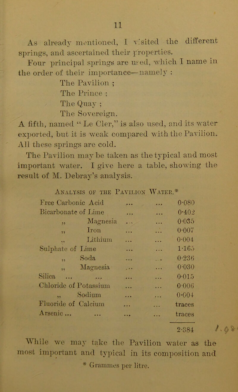 As already mentioned, I visited the different springs, and ascertained their properties. Four principal springs are m ed, which I name in the order of their importance—namely : The Pavilion ; The Prince ; The Quay ; The Sovereign. A fifth, named “ Le Cler,” is also used, and its water exported, but it is weak compared with the Pavilion. All these springs are cold. The Pavilion may be taken as the typical and most important water. I give here a table, showing the result of M. Debray’s analysis. Akalysis of the Pa iT.Tox AVatf.r * Free Carbonic Acid Bicarbonate of Lime „ Magnesia ,, Iron ,, Lithium Sulphate of Lime „ Soda „ Magnesia Silica Chloride of Potassium „ Sodium Fluoride of Calcium Arsenic... 0-080 0-402 0-035 0-007 0- 004 1- 165 0-236 0-030 0-015 0-006 0-004 traces traces 0 -384 Wliile we may take the Pavilion water as the most important and tyjiical in its composition and * Grammes per litre.