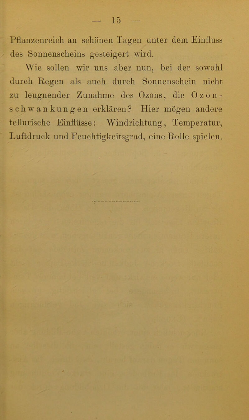 Pflanzenreich an schönen Tagen unter dem Einfluss des Sonnenscheins gesteigert wird. Wie sollen wir uns aber nun, bei der sowohl durch Regen als auch durch Sonnenschein nicht zu leugnender Zunahme des Ozons, die Ozon- Schwankungen erklären ? Hier mögen andere telluriscke Einflüsse: Windrichtung, Temperatur, Luftdruck und Feuchtigkeitsgrad, eine Rolle spielen.