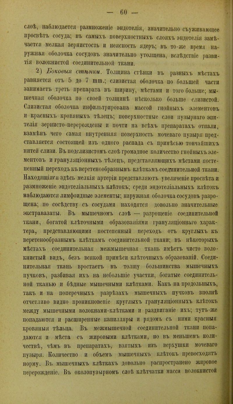 слоѣ, наблюдается размноженіе эндотелія, значительно съуживяюіцее нросвѣтъ сосуда; въ самыхъ поверхиостныхъ слояхъ эндотелія замѣ- чается мелкая зернистость и неясность ядеръ; въ то-же время на- рулшая оболочка сосудовъ значительно утолщена, вслѣдствіе разви- тія волокнистой соединительной ткани. 2) Боковыя стѣнки. Толщина стѣнки въ разныхъ мѣстахъ равняется отъ 5 до 7 тт.; слизистая оболочка по большей части занимаетъ треть препарата въ ширину, мѣстами и того больше; мы- шечная оболочка по своей толщинѣ несколько больше слизистой. Слизистая оболочка инфильтрирована массой гнойныхъ элементовъ и красныхъ кровяныхъ тѣлецъ; поверхностные слои пузырнаго эпи- телія зернисто-персрождены и почти на всѣхъ препаратахъ отпали, взамѣнъ чего самая внутренняя поверхность мочеваго пузыря пред- ставляется состоящей изъ одного распада съ примѣсью тончайшихъ нитей слизи. Въ подслизистомъ слоѣ громадное количество гнойныхъ эле- ментовъ и грануляціонныхъ тѣлецъ, предстарляющихъ мѣстами посте- пенный переходъкъверетенообразнымъ клѣткамъ соедішитеѵіьной ткани. Находящіяся здѣсь мелкія артеріи представляютъ увеличеніе просвѣта и размноженіе эндотеліальныхъ клѣтокъ; среди эндотеліальныхъ клѣтокъ наблюдаются лимфойдные элементы; наружная оболочка сосудовъ разро- щена; по сосѣдству съ сосудами находятся довольно значительные экстравазаты. Въ мышечномъ слоѣ — разрощеніе соединительной ткани, богатой клѣточными образованіями грануляціоннаго харак- тера, представляющими постепенный переходъ отъ круглыхъ къ веретенообразнымъ клѣткамъ соединительной ткани; въ нѣкоторыхъ мѣстахъ соединительная мелшышечная ткань имѣетъ чисто воло- книстый видъ, безъ всякой примѣси клѣточныхъ образованій. Соеди- нительная ткань вростаетъ въ толщу большинства мышечныхъ пучковъ, разбивая ихъ на небольшіе участки, богатые соединитель- ной тканью и бѣдные мышечными клѣтками. Какъ на продольныхъ, такъ и на поперечныхъ разрѣзахъ мышечныхъ пучковъ впо.шѣ отчетливо видно проникновеніе круглыхъ грануляціонпыхъ клѣтокъ между мышечными волокнам и-клѣтками и раздвиганіе ихъ; тутъ-же попадаются и расширенные капилляры и рядомъ съ ними красный кровяныя тѣльца. Въ межмышечной соединительной ткани попа- даются и мѣста съ лшровыми клѣтками, но въ меньшемъ коли- чествѣ, чѣмъ въ препаратахъ, взятыхъ изъ верхушки мочеваго пузыря. Количество и объемъ мышечныхъ клѣтокъ превосходятъ норму. Въ мышечныхъ клѣткахъ довольно распространено лсировое перероладеніе. Въ околопузырномъ слоѣ клѣтчатки масса волокнистой