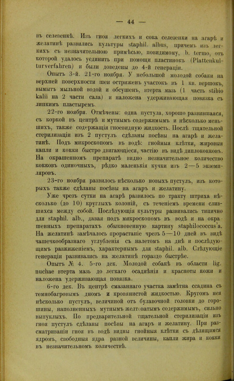 въ селезенкѣ. Изъ гноя легкихъ и сока селезенки на агарѣ и желатинѣ развились культуры віарЫІ. аЦш, причемъ изъ лег- кихъ съ незначительною примѣсыо, повидимому, 1). Іеппо, отъ которой удалось уединить при помощи пластинокъ (РІаМеикиІ- іигѵегЫігеп) и были доведены до 4-й генераціи. Опытъ 3-й. 21-го ноября. У небольшой молодой собаки на верхней поверхности шеи остриженъ у частою» въ 1 кв. вершокъ, вымыть мыльной водой и обсушенъ, втерта мазь (1 часть .чііоіо каііі на 2 части сала) и наложена удерживающая повязка съ липкимъ пластыремъ. 22- го ноября. Отмѣчены: одна пустула, хорошо развившаяся, съ коркой въ центрѣ и мутнымъ содержимымъ и нѣсколько мень- шихъ, также содержания гноевидную жидкость. Послѣ тщательной стерилизаціи изъ 2 пустулъ сдѣланы посѣвы на агарѣ и жела- тинѣ. Подъ микроскопомъ въ водѣ: гнойныя клѣтки, жировыя капли и кокки быстро двигающееся, частію въ видѣ диплококковъ. На окрашенномъ препаратѣ видно незначительное количество кокковъ одиночныхъ, рѣдко маленькія кучки изъ 2—5 экземп- ляровъ. 23- го ноября развилось нѣсколько новыхъ пустулъ, изъ кото- рыхъ также сдѣланы посѣвы на агаръ и желатину. Уже чрезъ сутки на агарѣ развилось по тракту штриха нѣ- сколько (до 10) круглыхъ колоній, съ теченіемъ времени слив- шихся между собой. Послѣдующія культуры развивались типично для зіарЫІ. аІЬ., давая подъ микроскопомъ въ водѣ и на окра шенныхъ препаратахъ обыкновенную картину 8ІарЫ1ососси8'а. На желатинѣ замѣчалось прорастаніе чрезъ 5 —10 дней въ видѣ чашечкообразнаго углубленія съ налетомъ на днѣ и послѣдую- щимъ разжиженіемъ, характернымъ для зіарпіі. аІЬ. Слѣдующіе генераціи развивались на желатинѣ гораздо быстрѣе. Опытъ № 4. 5-го дек. Молодой собакѣ въ области \щ. гшспае втерта мазь до легкаго осаднѣнія и красноты кожи и наложена удерживающая повязка. 6-го дек. Въ центрѣ смазаннаго участка замѣтна ссадина съ темнобагровымъ дномъ и кровянистой жидкостью. Кругомъ нея нѣсколько пустулъ, величиной отъ булавочной головки до горо- шины, наполненныхъ мутнымъ желтоватымъ содержимымъ, сильно выпуклыхъ. По предварительной тщательной стерилизаціи изъ гноя пустулъ сдѣланы посѣвы на агаръ и желатину. При раз- сматриваніи гноя въ водѣ видны гнойныя клѣтки съ дѣлящнмея ядромъ, свободныя ядра разной величины, капли жира и кокки въ незначительномъ количествѣ.