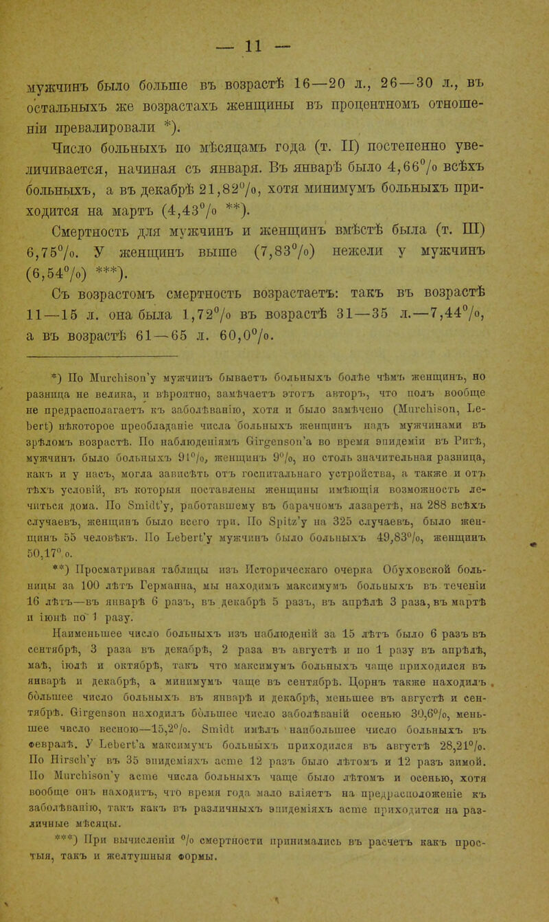 мужчинъ было больше въ возрастѣ 16—20 л., 26—30 л., въ остальныхъ же возрастахъ женщины въ процентномъ отноше- ніи превалировали *). Число больныхъ по мѣсяцаыъ года (т. II) постепенно уве- личивается, начиная съ января. Въ январѣ было 4,66% всѣхъ больныхъ, а въ декабрѣ 21,82°/о, хотя минимумъ больныхъ при- ходится на мартъ (4,43°/° **). Смертность для мужчинъ и женщинъ вмѣстѣ была (т. Ш) 6,75%. У женщинъ выше (7,83°/о) нежели у мужчинъ (6,54°/о) ***). ' Съ возрастомъ смертность возрастаете такъ въ возрастѣ 11 — 15 л. она была 1,72°/о въ возрастѣ 31—35 л. —7,44°/», а въ возрастѣ 61 — 65 л. 60,0°/о. *) По МигсЫзоп'у мужчипъ бываетъ больныхъ болѣе чѣмъ женщинъ, но разница не велика, и вѣронтно, замѣчаетъ этотъ авторъ, что полъ вообще не предраеполагаетъ къ заболѣванію, хотя и было замѣчено (Мигсиізоп, Ье- ЬегЬ) нѣкоторое преобладаніе числа больныхъ женщинъ надъ мужчинами въ зрѣломъ возрастѣ. По наблюденіямъ СНг^епзоп'а во время эпидеміи въ Ригѣ, мужчинъ было больныхъ 9і°/о, женщинъ 9°/о, но столь значительная разница, какъ и у насъ, могла зависѣть отъ госпитальнаго устройства, а также и отъ тѣхъ условій, въ который поставлены женщины нмѣющія возможность ле- читься дома. По 8тиН'у, работавшему въ барачиомъ лазаретѣ, на 288 всѣхъ случаевъ, женщинъ было всего три. По 8ріЬг'у на 325 случаевъ, было жен- щинъ 55 человѣкъ. Но ЬеЪегк'у мужчинъ было болыіыхъ 49,83°/о, женщинъ 50,17%. **) Просматривая таблицы изъ Историческаго очерка Обуховской боль- ницы за 100 дѣтъ Германна, мы находимъ максимумъ больныхъ вътеченіи 16 лѣтъ—въ январѣ 6 разъ, въ декабрѣ 5 разъ, въ апрѣлѣ 3 раза,въмартѣ и іюнѣ по 1 разу. Наименьшее число больныхъ изъ наблюденій за 15 лѣтъ было б разъ въ сентябрѣ, 3 раза въ декабрѣ, 2 раза въ августѣ и по 1 разу въ апрѣдѣ, маѣ, іюлѣ и октябрѣ, такъ что максимумъ больныхъ чаще приходился въ январѣ и декабрѣ, а минимумъ чаще въ сентябрѣ. Цорнъ также находидъ . большее число больныхъ въ яиварѣ и декабрѣ, меньшее въ августѣ и сен- тябрѣ. Оіг^епзоп находилъ большее число заболѣваній осенью 30,6°/о, мень- шее число весною—1о,2°/о. ЗтісІЬ имѣлъ наибольшее число больныхъ въ Февралѣ. У ЬеЬегЬ'а максимумъ больиыхъ приходился въ августѣ 28,21%. По НігзсЬу въ 35 энидеміяхъ асте 12 разъ было лѣтомъ и 12 разъ зимой. Но МигсЫзоп'у асте числа больныхъ чаще было лѣтомъ и осенью, хотя вообще онъ находить, что время года мало вліяетъ на предрасіюложеніе къ заболѣванію, такъ какъ въ различныхъ эпидеміяхъ асте приходится на раз- личные мѣсяцы. ***) При вычисленіи °/о смертности принимались въ расчетъ какъ прос- тыл, такъ и желтушныя Формы.