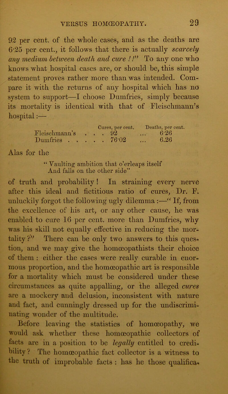 92 per cent, of the whole cases, and as the deaths are 625 per cent., it follows that there is actually scarcely any medium between death and cure !!” To any one who knows what hospital cases are, or should he, this simple statement proves rather more than was intended. Com- pare it with the returns of any hospital which has no system to support—I choose Dumfries, simply because its mortality is identical with that of FleischmamTs hospital:— Cures, per cent. Deaths, per cent. Fleisclimann’s ... 92 ... 6'26 Dumfries 76‘02 ... 6.26 Alas for the “ Vaulting ambition that o’erleaps itself And falls on the other side” of truth and probability ! In straining every nerve after this ideal and fictitious ratio of cures, Dr. F. unluckily forgot the following ugly dilemma :—“ If, from the excellence of his art, or any other cause, he was enabled to cure 16 per cent, more than Dumfries, why was his skill not equally effective in reducing the mor- tality ?” There can be only two answers to this ques- tion, and we may give the homoeopathists their choice of them : either the cases were really curable in enor- mous proportion, and the homoeopathic art is responsible for a mortality which must be considered under these circumstances as quite appalling, or the alleged cures are a mockery and delusion, inconsistent with nature and fact, and cunningly dressed up for the undiscrimi- nating wonder of the multitude. Before leaving the statistics of homoeopathy, we would ask whether these homoeopathic collectors of facts are in a position to be legally entitled to credi- bility? The homoeopathic fact collector is a witness to the truth of improbable facts : has he those qualifica-