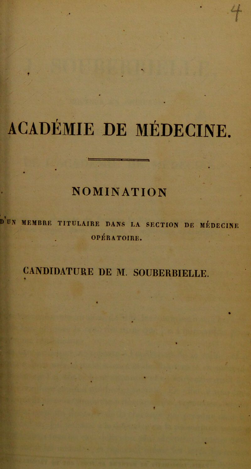 ACADÉMIE DE MÉDECINE. NOMINATION D ÜN MEMBRE TITULAIRE HANS LA SECTION DE mIîDECINE OPI^RATOIRE. CANDIDATURE DE M. SOUBERBIELLE.