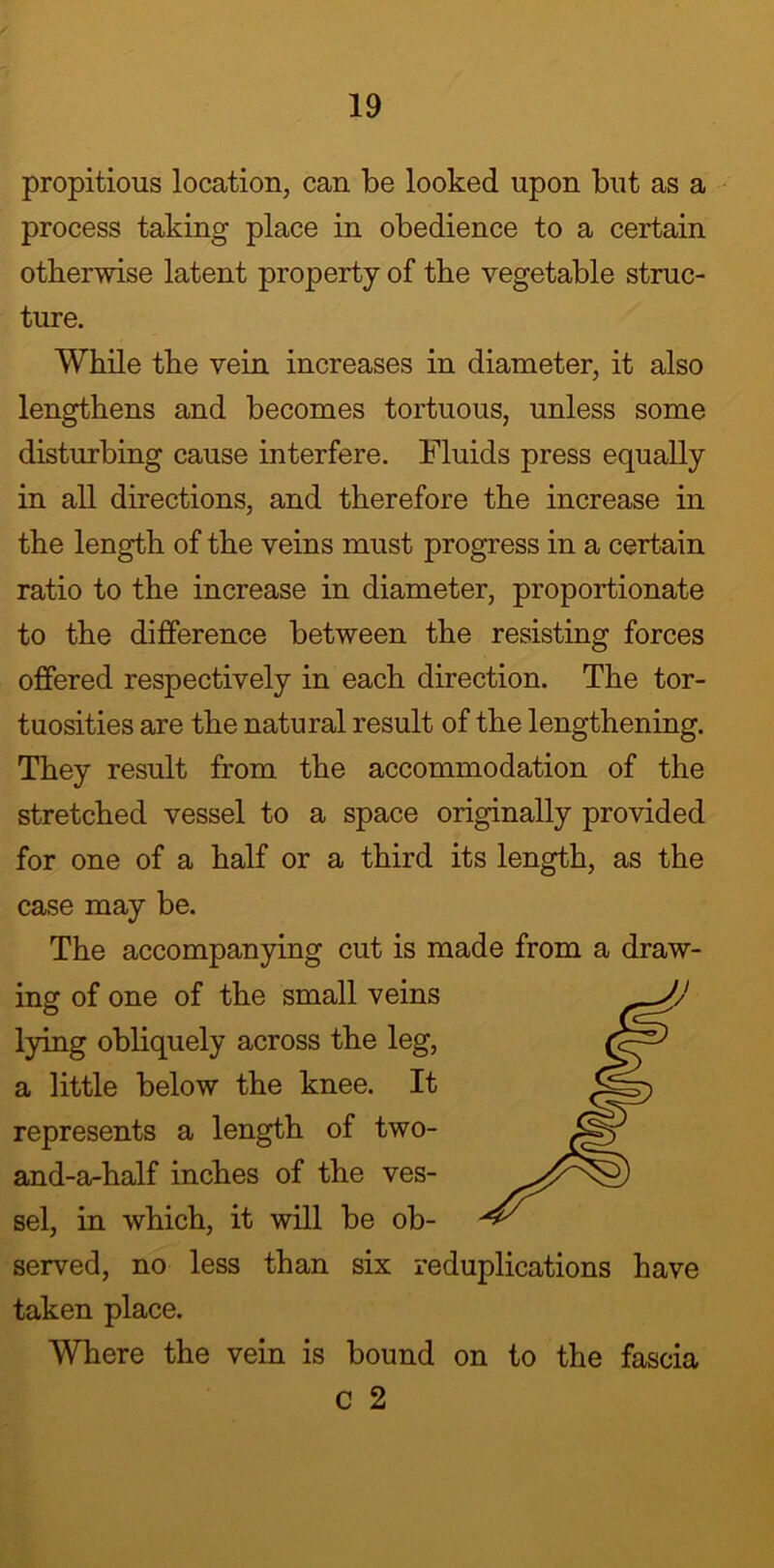 propitious location, can be looked upon but as a process taking place in obedience to a certain otherwise latent property of the vegetable struc- ture. While the vein increases in diameter, it also lengthens and becomes tortuous, unless some disturbing cause interfere. Fluids press equally in all directions, and therefore the increase in the length of the veins must progress in a certain ratio to the increase in diameter, proportionate to the difference between the resisting forces offered respectively in each direction. The tor- tuosities are the natural result of the lengthening. They result from the accommodation of the stretched vessel to a space originally provided for one of a half or a third its length, as the case may be. The accompanying cut is made from a draw- ing of one of the small veins lying obliquely across the leg, a little below the knee. It represents a length of two- and-a-half inches of the ves- sel, in which, it will be ob- served, no less than six reduplications have taken place. Where the vein is bound on to the fascia C 2
