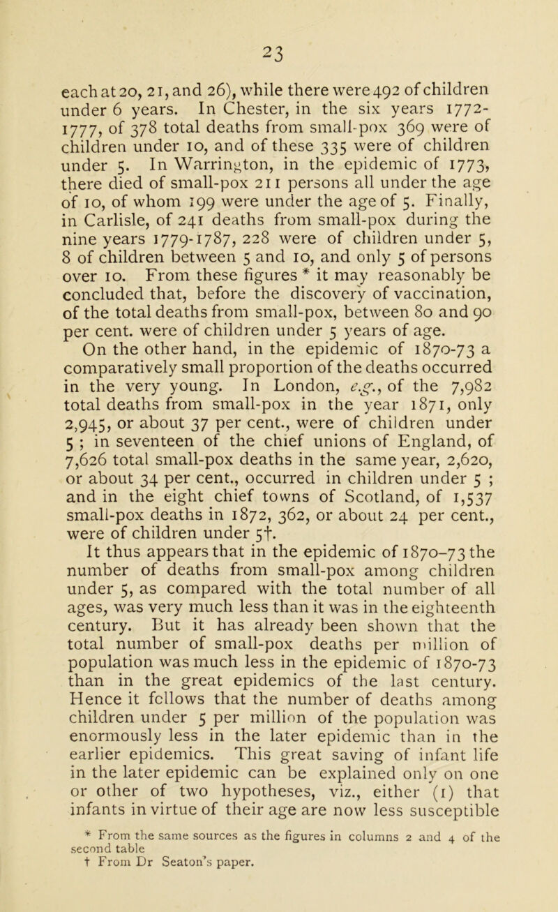 each at 20, 21, and 26), while there were 492 of children under 6 years. In Chester, in the six years 1772- 1777, of 378 total deaths from small-pox 369 were of children under 10, and of these 335 were of children under 5. In Warrington, in the epidemic of 1773, there died of small-pox 211 persons all under the age of 10, of whom 199 were under the age of 5. Finally, in Carlisle, of 241 deaths from small-pox during the nine years 1779-1787, 228 were of children under 5, 8 of children between 5 and 10, and only 5 of persons over 10. From these figures * it may reasonably be concluded that, before the discovery of vaccination, of the total deaths from small-pox, between 80 and 90 per cent, were of children under 5 years of age. On the other hand, in the epidemic of 1870-73 a comparatively small proportion of the deaths occurred in the very young. In London, e’.gr., of the 7,982 total deaths from small-pox in the year 1871, only 2,945, or about 37 per cent., were of children under 5 ; in seventeen of the chief unions of England, of 7,626 total small-pox deaths in the same year, 2,620, or about 34 per cent., occurred in children under 5 ; and in the eight chief towns of Scotland, of 1,537 small-pox deaths in 1872, 362, or about 24 per cent., were of children under 5f. It thus appears that in the epidemic of i87o-73the number of deaths from small-pox among children under 5, as compared with the total number of all ages, was very much less than it was in the eighteenth century. But it has already been shown that the total number of small-pox deaths per million of population was much less in the epidemic of 1870-73 than in the great epidemics of the last century. Hence it fellows that the number of deaths among children under 5 per million of the population was enormously less in the later epidemic than in the earlier epidemics. This great saving of infant life in the later epidemic can be explained only on one or other of two hypotheses, viz., either (1) that infants in virtue of their age are now less susceptible * From the same sources as the figures in columns 2 and 4 of the second table t From Dr Seaton’s paper.