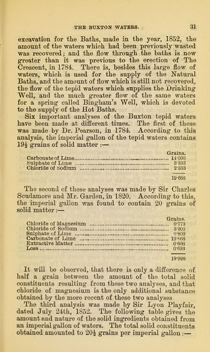 excavation for tlie Baths, made in the year, 1852, the amount of the waters which had been previously wasted was recovered; and the flow through the baths is now greater than it was previous to the erection of The Crescent, in 1784. There is, besides this large flow of waters, which is used for the supply of the Natural Baths, and the amount of flow which is still not recovered, the flow of the tepid waters which supplies the Drinking Well, and the much greater flow of the same waters for a spring called Bingham’s Well, which is devoted to the supply of the Hot Baths. Six important analyses of the Buxton tepid waters have been made at different times. The first of these was made by Dr. Pearson, in 1784. According to this analysis, the imperial gallon of the tepid waters contains 19| grains of solid matter :— Grains. Carbonate of Lime 14-000 Sulphate of Lime 3-333 Chloride of Sodium 2-333 19-066 The second of these analyses was made by Sir Charles Scudamore and Mr. Garden, in 1820. According to this, the imperial gallon was found to contain 20 grains of solid matter:— Grains. Chloride of Magnesium 0-773 Chloride of Sodium 3 200 Sulphate of Lime o-800 Carbonate of Lime 13-866 Extractive Matter 0’666 LOSS 0693 19-998 It will be observed, that there is only a difference of half a grain between the amount of the total solid constituents resulting from these two analyses, and that chloride of magnesium is the only additional substance obtained by the more recent of these two analyses. The third analysis was made by Sir Lyon Playfair, dated July 24th, 1852. The following table gives the amount and nature of the solid ingredients obtained from an imperial gallon of waters. The total solid constituents obtained amounted to 20£ grains per imperial gallon :—