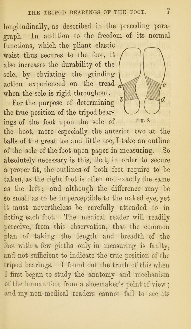 Fig. 3. longitudinally, as described in the preceding para- graph. In addition to the freedom of its normal functions, which the pliant elastic waist thus secures to the foot, it also increases the durability of the sole, by obviating the grinding action experienced on the tread when the sole is rigid throughout. For the purpose of determining the true position of the tripod bear- ings of the foot upon the sole of the boot, more especially the anterior two at the balls of the great toe and little toe, I take an outline of the sole of the foot upon paper in measuring. So absolutely necessary is this, that, in order to secure a proper fit, the outlines of both feet require to be taken, as the right foot is often not exactly the same as the left; and although the difference may be so small as to be imperceptible to the naked eye, yet it must nevertheless be carefully attended to in fitting each foot. The medical reader will readily perceive, from this observation, that the common plan of taking the length and breadth of the foot with a few girths only in measuring is faulty, and not sufficient to indicate the true position of the tripod bearings. I found out the truth of this when I first began to study the anatomy and mechanism of the human foot from a shoemaker's point of view ; and my non-medical readers cannot fail to see its