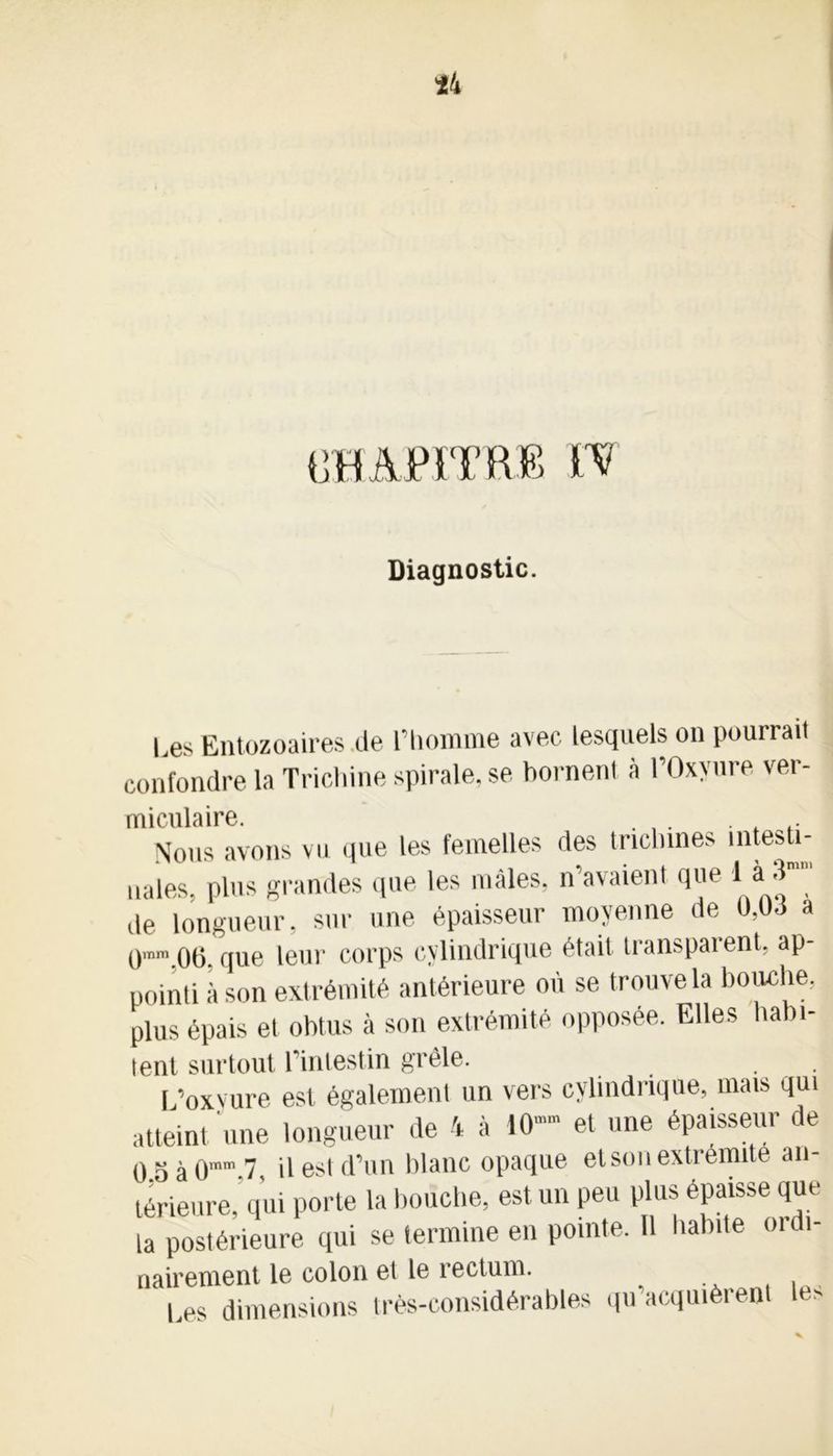GHAPmUB ÏS! Diagnostic. I.es Entozoaires de l'homme avec lesquels on pourrait confondre la Trichine spirale, se bornent à l’Oxyure ver- miculaire. . , . . . .. Nous avons vu que les femelles des trichines mtesu- miles, plus grandes que les mâles, n’avaient que 1 à .lm de longueur, sur une épaisseur moyenne de 0,(M a 0mm.06. que leur corps cylindrique était transparent, ap- pointi à son extrémité antérieure où se trouve la bouche, plus épais et obtus à son extrémité opposée. Elles habi- tent surtout l’intestin grêle. I ’oxyure est également un vers cylindrique, mais qui atteint une longueur de 4 à 10”” et une épaisseur de 0.5 à 0””.7, il est d’un blanc opaque et son extrémité an- térieure qui porte la bouche, est un peu plus épaisse que 1^postérieure qui se termine en pointe. .1 habite ordi- nairement le colon et le rectum. Les dimensions très-considérables qu acquièrent le>