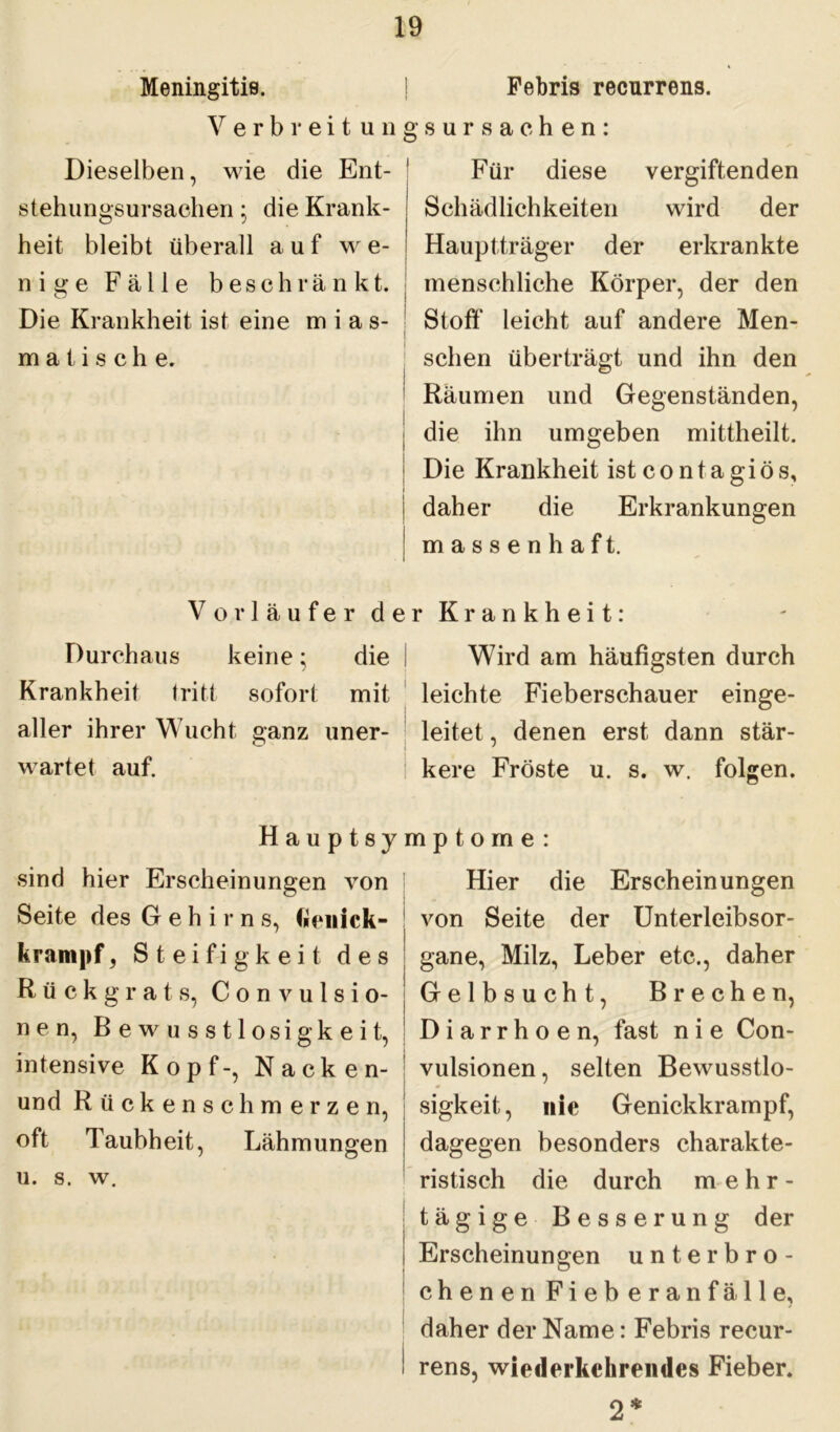 Meningitis. | Febris recurrens. Verbreit ungsursachen: Dieselben, wie die Ent- stehungsursachen • die Krank- heit bleibt überall auf w e- n i g e Fälle beschränkt. Die Krankheit ist eine mias- matische. Für diese vergiftenden Schädlichkeiten wird der Hauptträger der erkrankte menschliche Körper, der den Stoff leicht auf andere Men- schen überträgt und ihn den Räumen und Gegenständen, die ihn umgeben mittheilt. Die Krankheit ist c o n t a g i ö s, | daher die Erkrankungen massenhaft. Vorläufer der Krankheit: Durchaus keine; die Wird am häufigsten durch Krankheit tritt sofort mit leichte Fieberschauer einge- aller ihrer Wucht ganz uner- leitet, denen erst dann stär- wartet auf. I kere Fröste u. s. w. folgen. H a u p t s y sind hier Erscheinungen von Seite des Gehirns, (»enick- krampf, Steifigkeit des Rückgrats, Convulsio- n e n, Bewusstlosigkeit, intensive Kopf-, Nacken- und Rückenschmerzen, oft Taubheit, Lähmungen u. s. w. m p t o m e : Hier die Erscheinungen von Seite der Unterleibsor- gane, Milz, Leber etc., daher Gelbsucht, Brechen, Diarrhoen, fast nie Con- vulsionen, selten Bewusstlo- sigkeit, nie Genickkrampf, dagegen besonders charakte- ristisch die durch mehr- tägige Besserung der Erscheinungen unterbro- chenen Fieb eranfälle, daher der Name: Febris recur- rens, wiederkehrendes Fieber. 2*