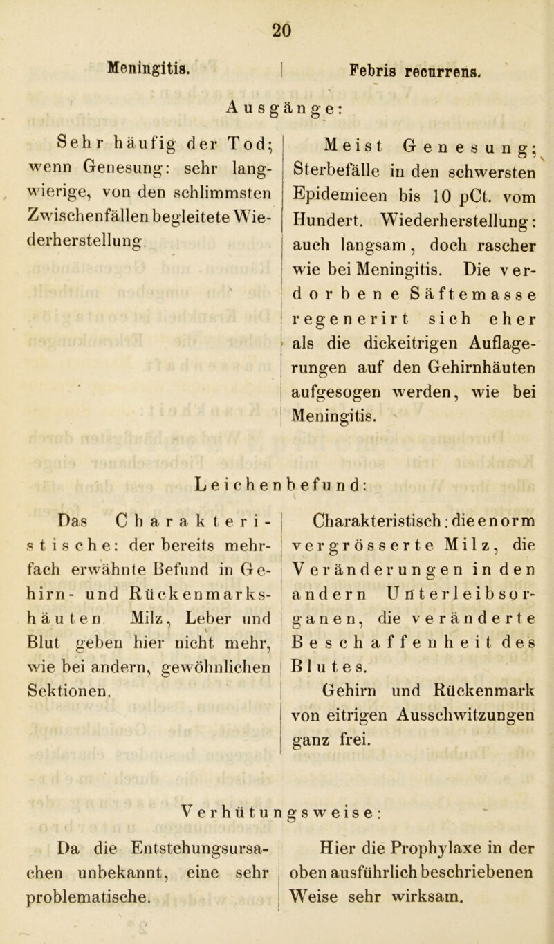 Febris recurrens. Ausgänge: Meningitis. Sehr häufig der Tod; wenn Genesung: sehr lang- wierige, von den schlimmsten Zwischenfällen begleitete Wie- derherstellung Meist Genesung; Sterbefälle in den schwersten Epidemieen bis 10 pCt. vom Hundert. Wiederherstellung: auch langsam, doch rascher wie bei Meningitis. Die ver- dorbene Säftemasse regenerirt sich eher als die dickeitrigen Auflage- rungen auf den Gehirnhäuten aufgesogen werden, wie bei Meningitis. Leichenbefund: Das Charakteri- stische: der bereits mehr- fach erwähnte Befund in Ge- hirn- und Rückenmarks- häuten Milz, Leber und \ Blut geben hier nicht mehr, wie bei andern, gewöhnlichen Sektionen. Charakteristisch: die enorm ver grösser te Milz, die Veränderungen in den andern Unterleibsor- ganen, die veränderte Beschaffenheit des Blutes. Gehirn und Rückenmark von eitrigen Ausschwitzungen ganz frei. Verhütungsweise: Da die Entstehungsursa- Hier die Prophylaxe in der chen unbekannt, eine sehr oben ausführlich beschriebenen problematische. Weise sehr wirksam.