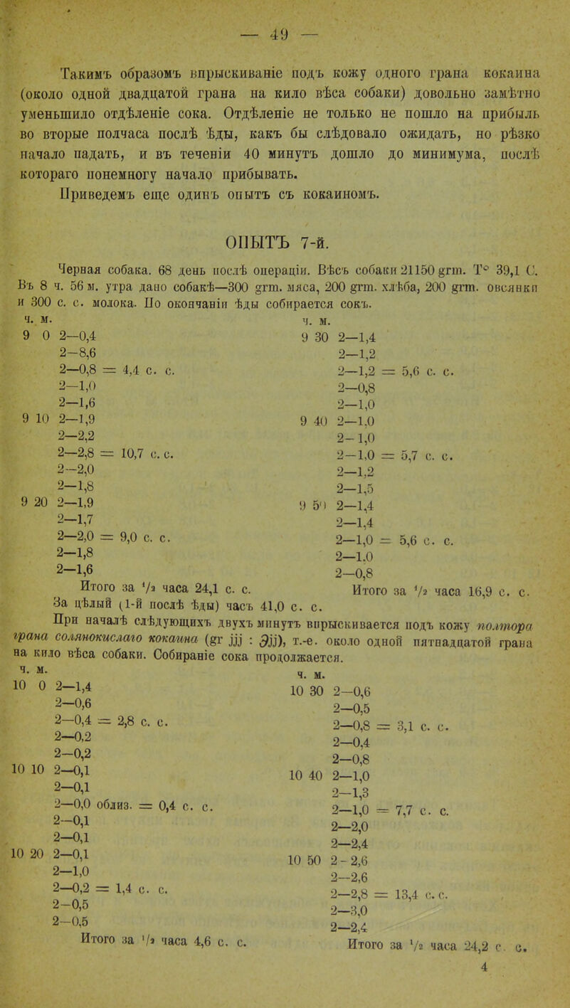 Такимъ образомъ впрыекиваніе подъ кожу одного грана, кокайиа (около одной двадцатой грана на кило вѣса собаки) довольно замѣтно уменьшило отдѣленіе сока. Отдѣленіе не только не пошло на прибыль во вторые полчаса послѣ ѣды, какъ бы слѣдовало ожидать, но рѣзко начало падать, и въ теченіи 40 минутъ дошло до минимума, послѣ котораго понемногу начало прибывать. ІІриведемъ еще одинъ опытъ съ кокаиномъ. ОПЫТЪ 7-й. Черная собака. 68 день нослѣ онераціи. Вѣсъ собаки 21150 %гт. Т° 39,1 С. Въ 8 ч. 56 м. утра дано собакѣ—300 §гт. мяса, 200 §тт. хлѣба, 200 &гт. овсянкп и 300 с. с. молока. По окончаніп ѣды собирается сокъ. ч. м. ч. м. 9 0 2-0,4 9 30 2—1,4 2-8,6 2-1,2 2—0,8 = 4,4 с. с. 2—1,2 = 5,6 с. с 2-1,0 2-0,8 2-1,6 2-1,0 9 Ю 2-1,9 9 40 2-1,0 2-2,2 2-1,0 2-2,8 = 10,7 с. с. 2-1,0 = 5,7 с с. 2-2,0 2-1,2 2-1,8 2-1,5 9 20 2-1,9 9 5ч 2-1,4 2-1,7 2-1,4 2-2,0 = 9,0 с. с. 2-1,0 = 5,6 с. с. 2-1,8 2-1.0 2—1»6 2-0,8 Итого за V» часа 24,1 с. с. Итого за '/а часа 16,9 с. с. За цѣлый (1-й послѣ ѣды) часъ 41,0 с. с. При началѣ слѣдующихъ двухъ минутъ впрыскивается иодъ кожу полтора грана солянокислого кокаина (8г $ : ЭІІ), т.-е. около одной пятнадцатой грана на кило вѣса собаки. Собираніе сока продолжается. ч- м- ч. м. 10 0 2—1,4 10 зо 2_о,6 2~°>6 2—0,5 2-0,4 = 2,8 с. с. 2-0,8 = 3,1 с. с. 2—0,2 2_04 2-0,2 2-0,8 10 10 2-ОД 10 40 2-1,0 2—0,1 2-1,3 2—0,0 облиз. = 0,4 с. с. 2—1,0 = 7 7 с. с. 2™0'1 2—2,0 2-0'1 2-24 10 20 2-0,1 10 50 2_2>(. 2 1>0 2 2 6 2-0,2 = 1,4 с с. 2-2^8 = 13,4 С. С. 2-0,5 2-30 2-0,5 2-2І4 Итого за Ч* часа 4,6 с. с. Итого за Ѵі часа 24,2 с. е. 4
