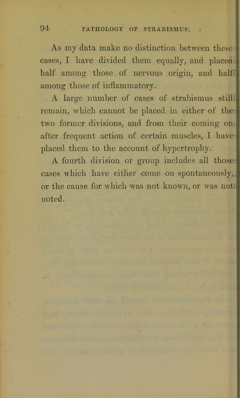 As my data make no distinction between these cases, I have divided them equally, and placed half among those of nervous origin, and half among those of inflammatory. A large number of cases of strabismus still 1 remain, which cannot be placed in either of the two former divisions, and from their coming on after frequent action of certain muscles, I have placed them to the account of hypertrophy. A fourth division or group includes all those, cases -which have either come on spontaneously, or the cause for which was not known, or was not; noted.