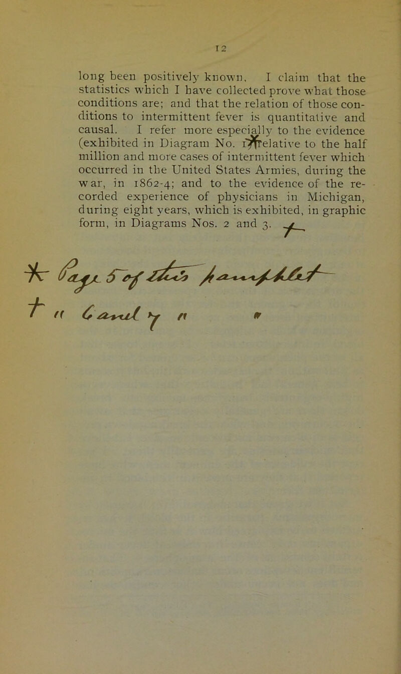 long been positively known. I claim that the statistics which I have collected prove what those conditions are; and that the relation of those con- ditions to intermittent fever is quantitative and causal. I refer more especially’ to the evidence (exhibited in Diagram No. I'^elative to the half million and more ca.ses of intermittent fever which occurred in the United States Armies, during the war, in 1862-4; and to the evidence of the re- corded experience of physicians in Michigan, during eight years, which is exhibited, in graphic form, in Diagrams Nos. 2 and 3.
