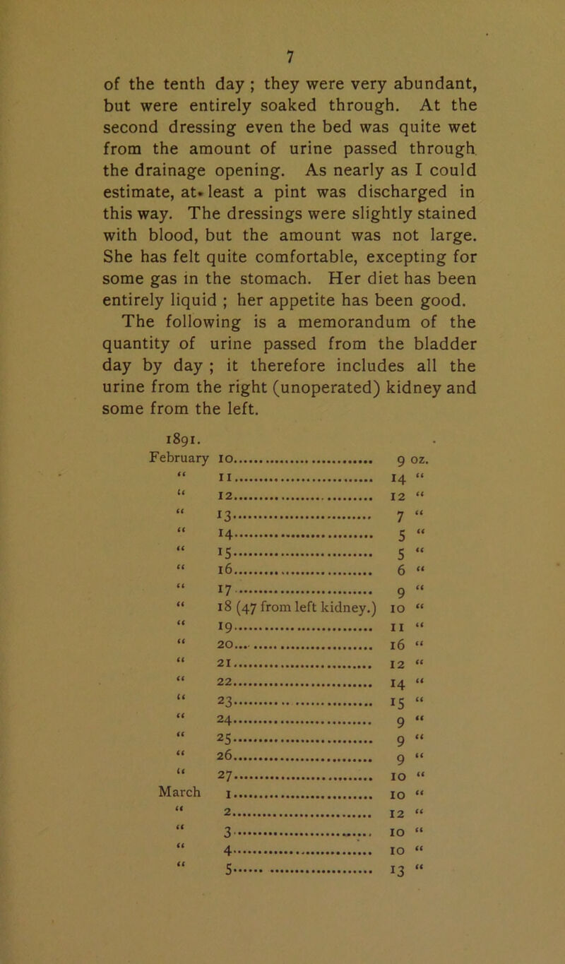 of the tenth day ; they were very abundant, but were entirely soaked through. At the second dressing even the bed was quite wet from the amount of urine passed through the drainage opening. As nearly as I could estimate, at. least a pint was discharged in this way. The dressings were slightly stained with blood, but the amount was not large. She has felt quite comfortable, excepting for some gas in the stomach. Her diet has been entirely liquid ; her appetite has been good. The following is a memorandum of the quantity of urine passed from the bladder day by day ; it therefore includes all the urine from the right (unoperated) kidney and some from the left. 1891. February 10 9 oz. tt II 14 (( u 12 12 (( <( 13 7 tt t( 14 5 tt ti 15 5 tt (( 16 6 tt tt 17 9 tt tt 18 (47 from left kidney.) 10 tt tt 19 II tt tt 20 16 tt tt 21 12 ft tt 22 14 tt It 23 IS tt tt 24 9 tt tt 25 9 tt tt 26 9 tt u 27 10 tt March I 10 tt tt 2 12 tt tt 3 10 tt tt 4 10 tt tt 5 13 tt
