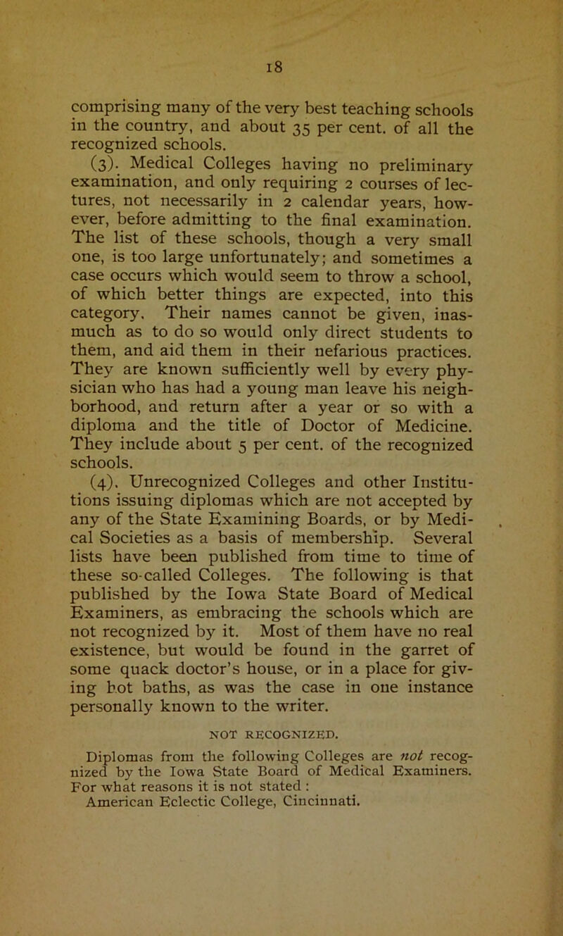 comprising many of the very best teaching schools in the country, and about 35 per cent, of all the recognized schools. (3) . Medical Colleges having no preliminary examination, and only requiring 2 courses of lec- tures, not necessarily in 2 calendar years, how- ever, before admitting to the final examination. The list of these schools, though a very small one, is too large unfortunately; and sometimes a case occurs which would seem to throw a school, of which better things are expected, into this category. Their names cannot be given, inas- much as to do so would only direct students to them, and aid them in their nefarious practices. They are known sufficiently well by every phy- sician who has had a young man leave his neigh- borhood, and return after a year or so with a diploma and the title of Doctor of Medicine. They include about 5 per cent, of the recognized schools. (4) . Unrecognized Colleges and other Institu- tions issuing diplomas which are not accepted by any of the State Examining Boards, or by Medi- cal Societies as a basis of membership. Several lists have been published from time to time of these so-called Colleges. The following is that published by the Iowa State Board of Medical Examiners, as embracing the schools which are not recognized by it. Most of them have no real existence, but would be found in the garret of some quack doctor’s house, or in a place for giv- ing hot baths, as was the case in one instance personally known to the writer. NOT RECOGNIZED. Diplomas from the following Colleges are not recog- nized by the Iowa State Board of Medical Examiners. For what reasons it is not stated : American Eclectic College, Cincinnati.