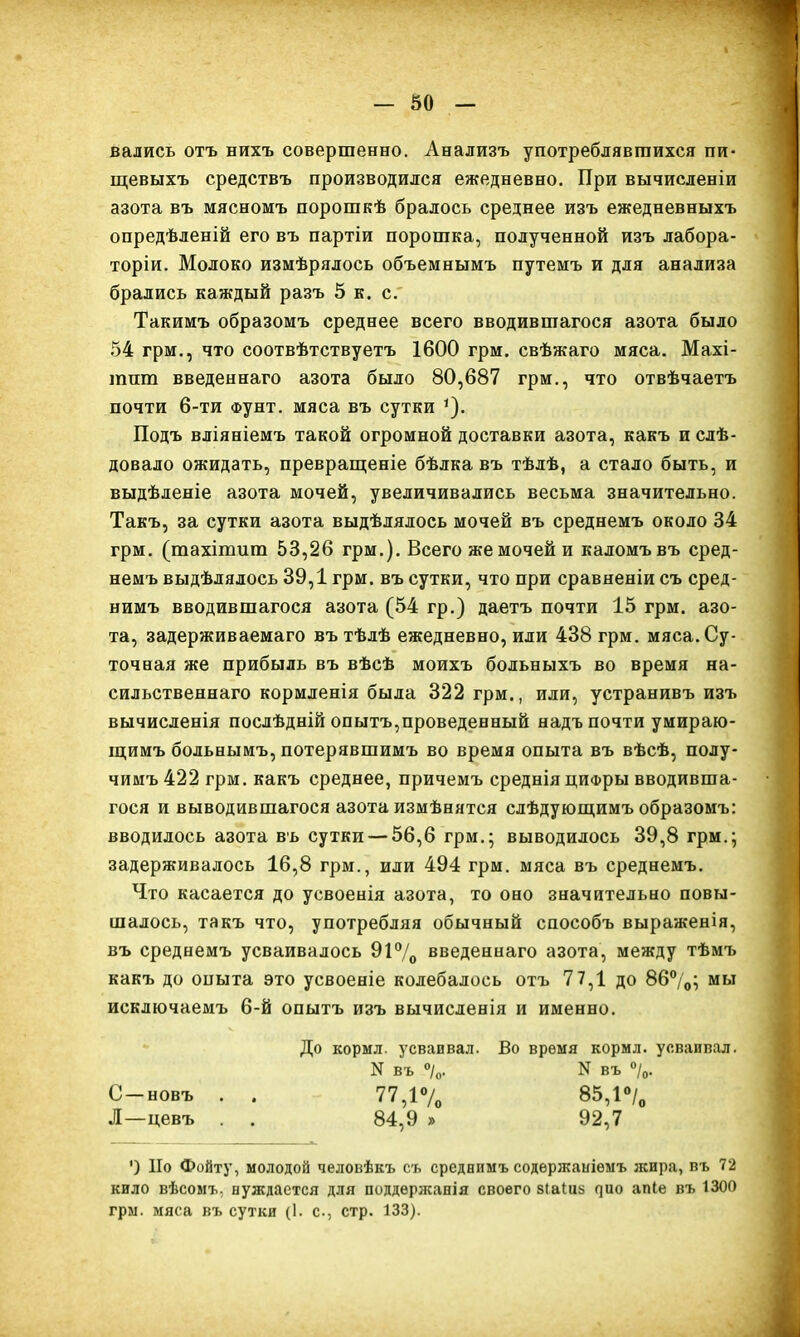 - — 50 — вались отъ нихъ совершенно. Анализъ употреблявшихся пи- щевыхъ средствъ производился ежедневно. При вычисленіи азота въ мясномъ порошкѣ бралось среднее изъ ежедневныхъ опредѣленій его въ партіи порошка, полученной изъ лабора- торіи. Молоко измѣрялось объемнымъ путемъ и для анализа брались каждый разъ 5 к. с. Такимъ образомъ среднее всего вводившагося азота было 54 грм., что соотвѣтствуетъ 1600 грм. свѣжаго мяса. Махі- тпт введеннаго азота было 80,687 грм., что отвѣчаетъ почти 6-ти Фунт, мяса въ сутки *). Подъ вліяніемъ такой огромной доставки азота, какъ и слѣ- довало ожидать, превращеніе бѣлка въ тѣлѣ, а стало быть, и выдѣленіе азота мочей, увеличивались весьма значительно. Такъ, за сутки азота выдѣлялось мочей въ среднемъ около 34 грм. (шахітиш 53,26 грм.). Всего же мочей и каломъ въ сред- немъ выдѣлялось 39,1 грм. въ сутки, что при сравненіи съ сред- нимъ вводившагося азота (54 гр.) даетъ почти 15 грм. азо- та, задерживаемаго въ тѣлѣ ежедневно, или 438 грм. мяса. Су- точная же прибыль въ вѣсѣ моихъ больныхъ во время на- сильственнаго кормленія была 322 грм., иди, устранивъ изъ вычисленія послѣдній опытъ,проведенный надъ почти умираю- щимъ больнымъ, потерявшимъ во время опыта въ вѣсѣ, полу- чимъ 422 грм. какъ среднее, причемъ среднія цифры вводивша- гося и выводившагося азота измѣнятся слѣдующимъ образомъ: вводилось азота въ сутки — 56,6 грм.; выводилось 39,8 грм.; задерживалось 16,8 грм., или 494 грм. мяса въ среднемъ. Что касается до усвоенія азота, то оно значительно повы- шалось, такъ что, употребляя обычный способъ выраженія, въ среднемъ усваивалось 91 °/0 введеннаго азота, между тѣмъ какъ до опыта это усвоеніе колебалось отъ 77,1 до 86°/0; мы исключаемъ 6-й опытъ изъ вычисленія и именно. До кормл. усваивал. Во время кормл. усваивал. N въ °/0. N въ °/0. С-новъ . . 77,1% 85,1% Л—цевъ . . 84,9 » 92,7 ') Но Фойту, молодой человѣкъ съ среднимъ содержаніемъ жира, въ 72 кило вѣсомъ, нуждается для поддержанія своего зіаіиа пио апіе въ 1300 грм. мяса въ сутки (1. с., стр. 133).