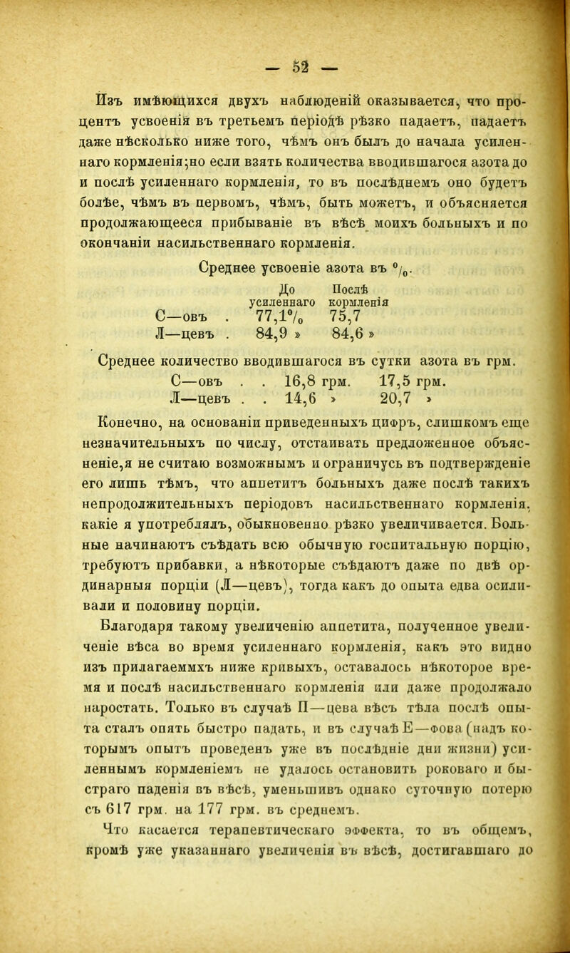 Изъ имѣющихся двухъ наблюденій оказывается, что про- центъ усвоенія въ третьемъ періодѣ рѣзко падаетъ, надаетъ даже нѣсколько ниже того, чѣмъ онъ былъ до начала усилен- наго кормленіящо если взять количества вводившагося азота до и послѣ усиленнаго кормленія, то въ послѣднемъ оно будетъ болѣе, чѣмъ въ первомъ, чѣмъ, быть можетъ, и объясняется продолжающееся прибываніе въ вѣсѣ моихъ больныхъ и по окончаніи насильственнаго кормленія. Среднее усвоеніе азота въ °/о. До Послѣ усиленнаго кормленія С—овъ . 77,1°/о 75,7 Л—цевъ . 84,9 » 84,6 » Среднее количество вводившагося въ сутки азота въ грм. С—овъ . . 16,8 грм. 17,5 грм. Л—цевъ . . 14,6 > 20,7 » Конечно, на основаніи приведенныхъ цифръ, слишкомъ еще незначительныхъ по числу, отстаивать предложенное объяс- неніе^ не считаю возможнымъ и ограничусь въ подтвержденіе его лишь тѣмъ, что аппетитъ больныхъ даже послѣ такихъ непродолжительныхъ періодовъ насильственнаго кормленія, какіе я употреблялъ, обыкновенно рѣзко увеличивается. Боль- ные начинаютъ съѣдать всю обычную госпитальную порцію, требуютъ прибавки, а нѣкоторые съѣдаютъ даже по двѣ ор- динарныя порціи (Л—цевъ), тогда какъ до опыта едва осили- вали и половину порціи. Благодаря такому увеличенію аппетита, полученное увели- ченіе вѣса во время усиленнаго кормленія, какъ это видно изъ прилагаеммхъ ниже кривыхъ, оставалось нѣкоторое вре- мя и послѣ насильственнаго кормленія или даже продолжало наростать. Только въ случаѣ П—цева вѣсъ тѣла послѣ опы- та сталъ опять быстро падать, и въ случаѣ Е—ФОва(надъ ко- торымъ опытъ проведенъ уже въ послѣдніе дни жизни) уси- леннымъ кормленіемъ не удалось остановить роковаго и бы- страго паденія въ вѣсѣ, уменьшивъ однако суточную потерю съ 617 грм. на 177 грм. въ среднемъ. Что касается терапевтическаго эффекта, то въ общемъ, кромѣ уже указаннаго увеличенія въ вѣсѣ, достигавшаго до