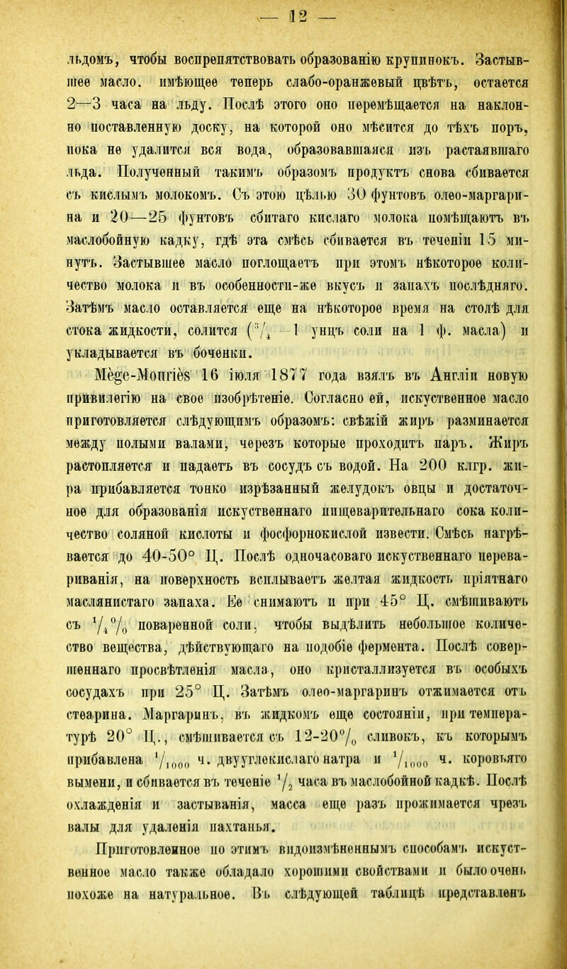 льдомъ, чтобы воспрепятствовать образованію крупинокъ. Застыв- шее масло, имѣющѳе теперь слабо-оранжевый цвѣтъ, остается 2—3 часа на льду. Послѣ этого оно перемѣщается на наклон- но поставленную доску, на которой оно мѣсится до тѣхъ поръ, пока не удалится вся вода, образовавшаяся изъ растаявшаго льда. Полученный такимъ образомъ продуктъ снова сбивается съ кислыдгь молокомъ. Съ этою цѣлью 30 фунтовъ олѳо-маргари- на и 20—25 фунтовъ сбитаго кислаго молока помѣщаютъ въ маслобойную кадку, гдѣ эта смѣсь сбивается въ теченіи 15 ми- нутъ. Застывшее масло поглощаетъ при этомъ нѣкоторое коли- чество молока и въ особенности-же вкусъ и запахъ послѣдпяго. Затѣмъ масло оставляется еще на нѣкотороѳ время на столѣ для стока жидкости, солится (/^ \ унцъ соли на 1 ф. масла) и укладывается въ боченки. Ме§е-Мопгіё8 16 іюля 1877 года взялъ въ Англіи новую привилегію на свое пзобрѣтеніѳ. Согласно ей, пскуствѳпноѳ масло приготовляется слѣдуюп];имъ образомъ: свѣжій жиръ разминается между полыми валами, черѳзъ которые проходитъ паръ. Жиръ растопляется и падаѳтъ въ сосудъ съ водой. На 200 клгр. жи- ра прибавляется тонко изрѣзанный желудокъ овцы и достаточ- ное для образованія иекуствѳннаго ппщеварительнаго сока коли- чество соляной кислоты и фосфорнокислой извести. Смѣсь нагрѣ- ваѳтся до 40-50° Ц. Послѣ одночасоваго искуственнаго пѳрева- риванія, на поверхность всплываетъ желтая жидкость пріятнаго маслянистаго запаха. Ее снимаютъ и при 45° Ц. смѣіпиваютъ съ УіѴо поваренной соли, чтобы выдѣлнть неболыіше количе- ство вещества, дѣйствующаго на иодобіе фермента. Послѣ совер- іпѳннаго просвѣтлѳнія масла, оно кристаллизуется въ особыхъ сосудахъ при 25° Ц. ЗагЬмъ олео-маргаринъ отжимается отъ стеарина. Маргаринъ, въ жидкомъ еще состояніи, при темпера- турѣ 20° Д., смѣшивается съ 12-2О7о счивокъ, къ которымъ прибавлена '/іооо і-Д^У угле кислаго натра и ^юоо коровьяго вымени, и сбивается въ тѳченіе ^/^ часа въ маслобойной кадкѣ. Послѣ охлаждѳнія и застыванія, масса еще разъ прожимается чрѳзъ валы для удаленія пахтанья. Приготовленное по этимъ видоизмѣноннымъ способамъ искуст- венное масло также обладало хоропіими свойствами и былоочѳнг. похоже на натуральное. Въ слѣдующей таблицѣ прѳдставленъ